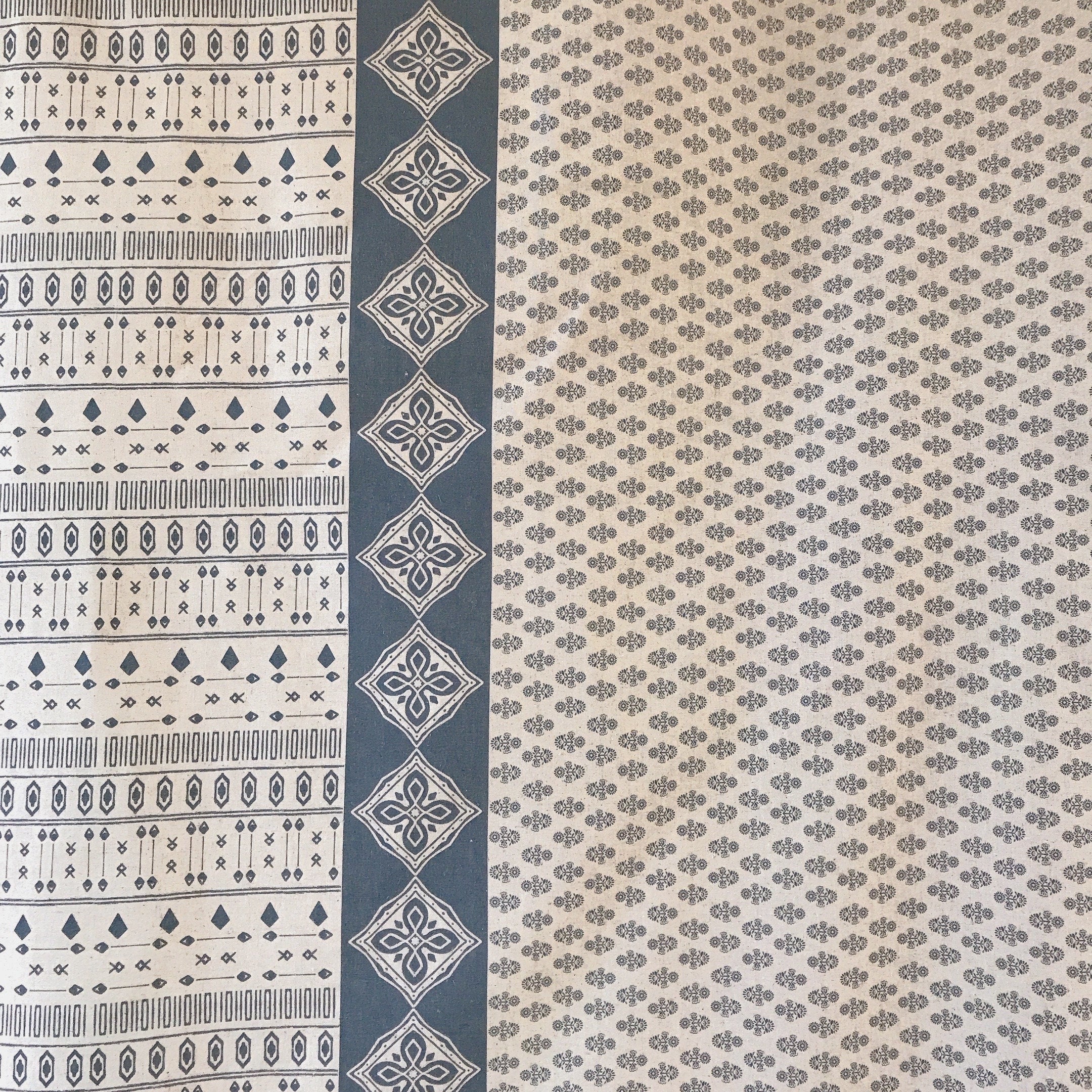 Softened Indigo Blue Geometric Curtain on Natural Beige