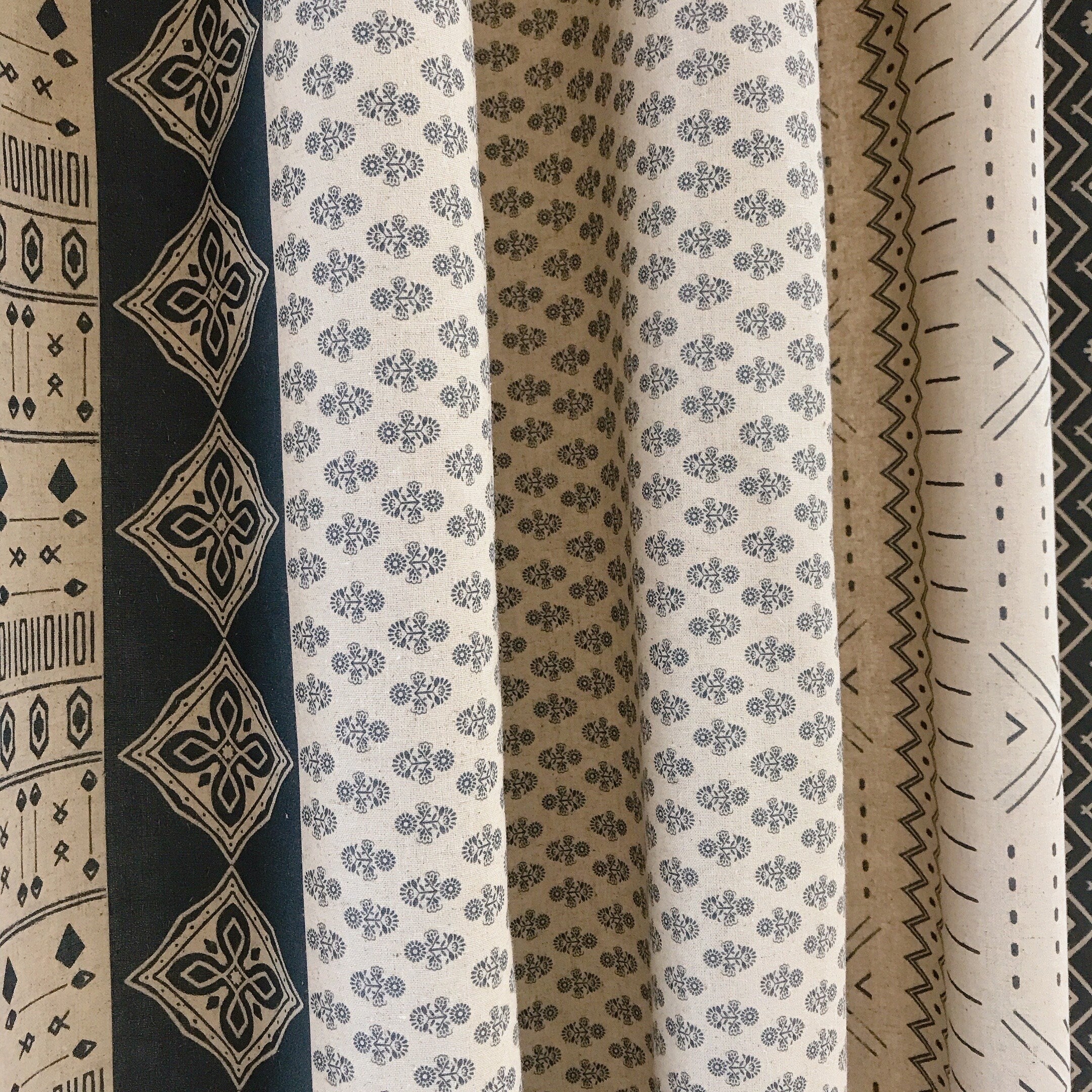 Softened Indigo Blue Geometric Curtain on Natural Beige