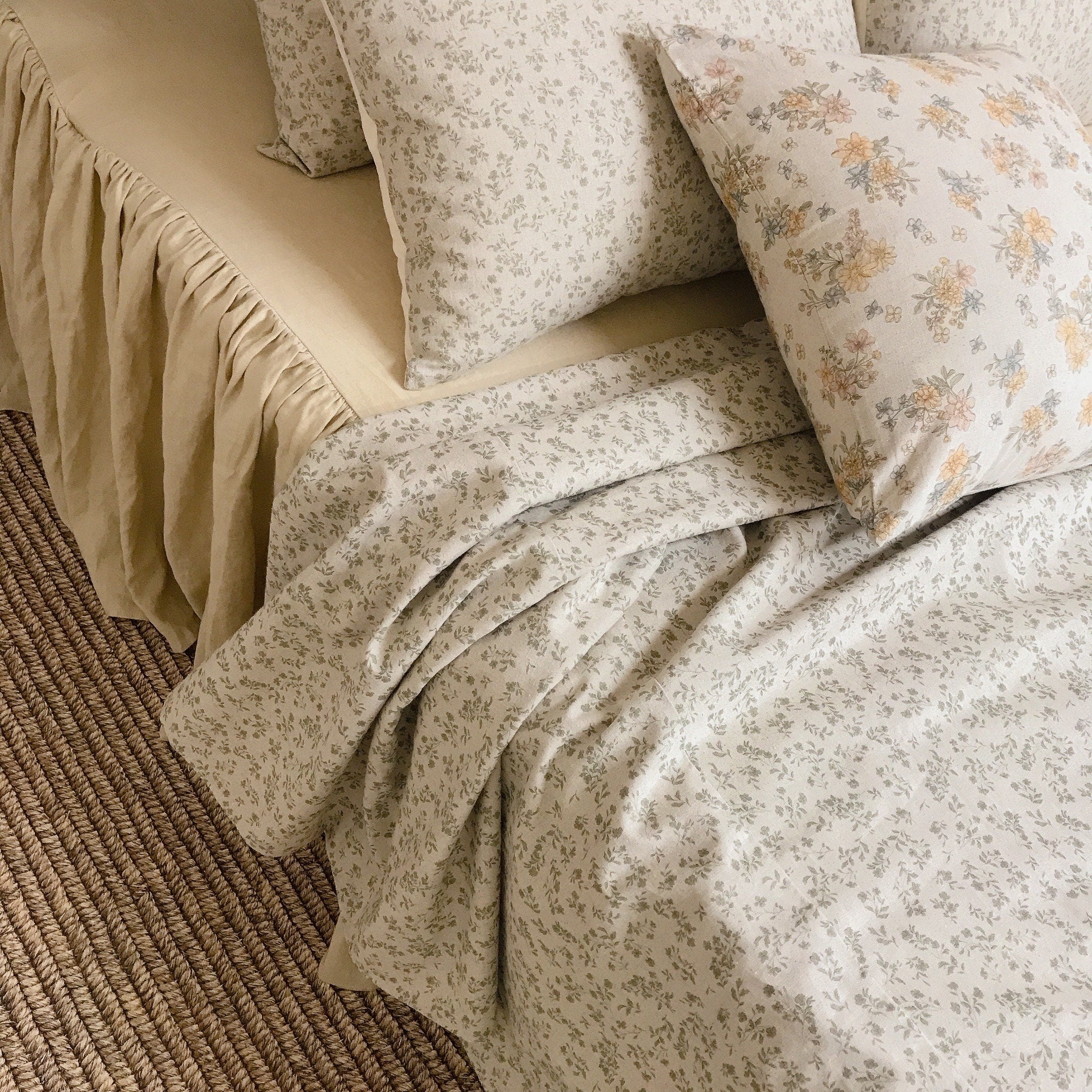 Sage Green Floral Duvet Cover in Natural Beige