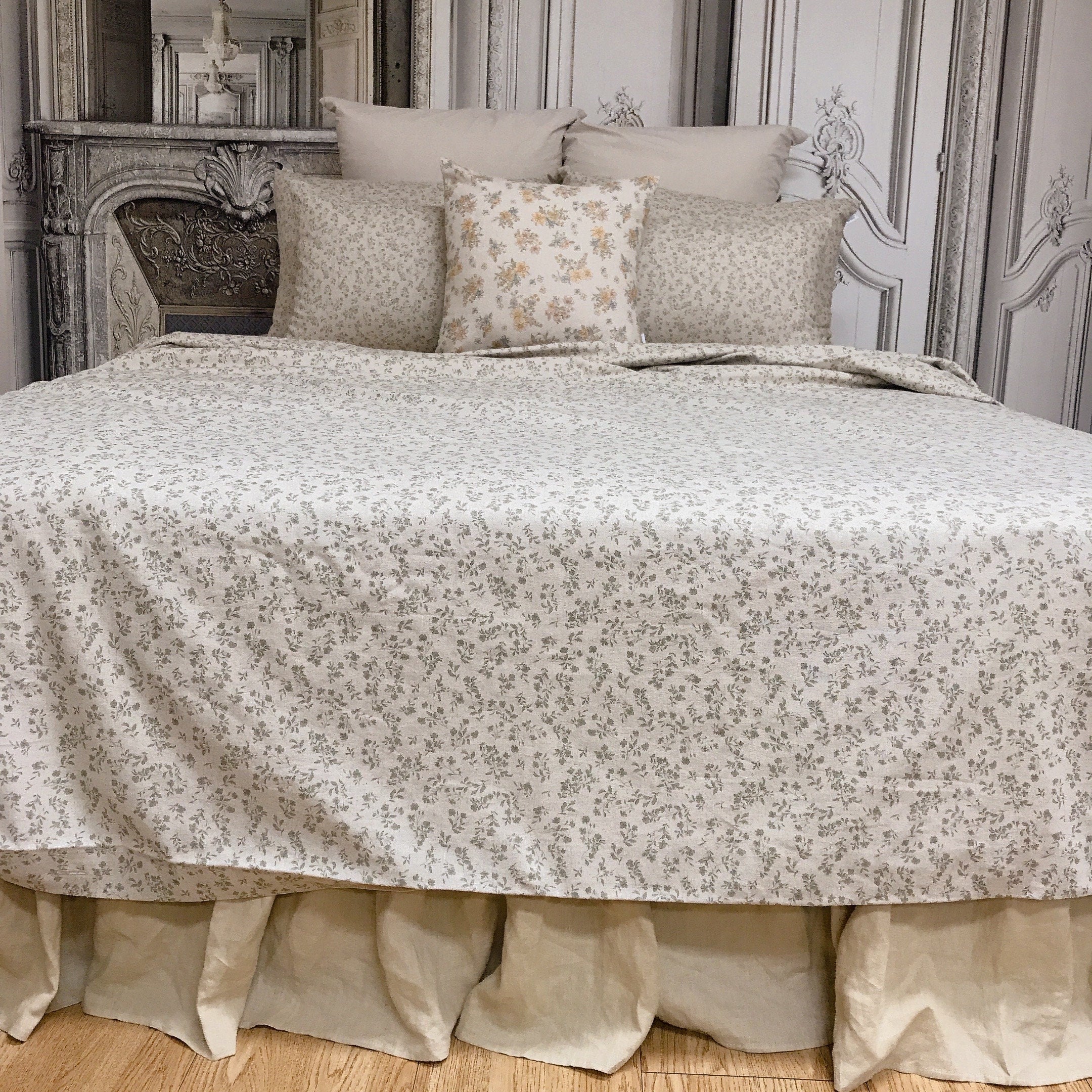 Sage Green Floral Duvet Cover in Natural Beige