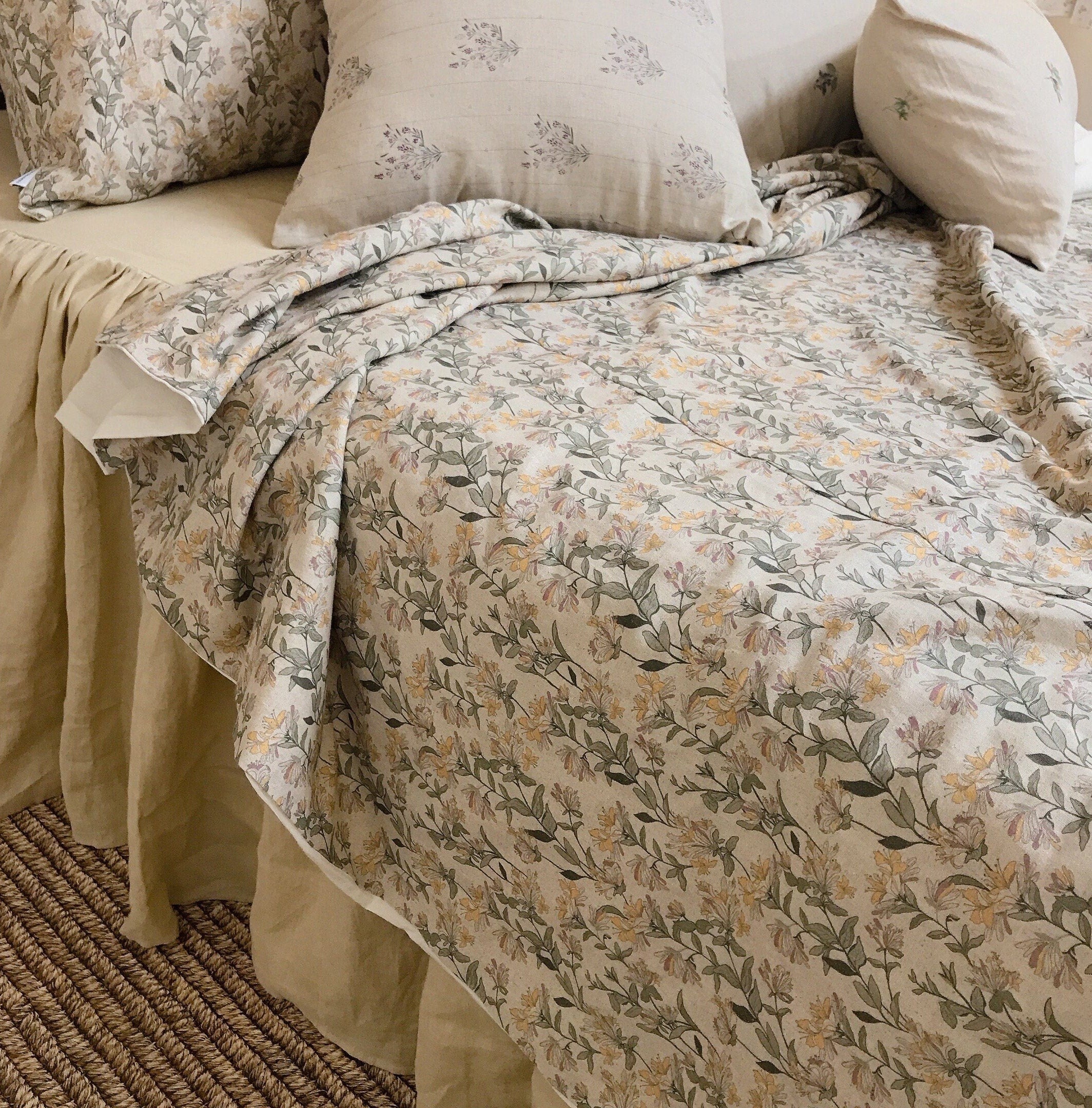 Light Orange and Plum Pink Floral Duvet Cover on Natural Beige