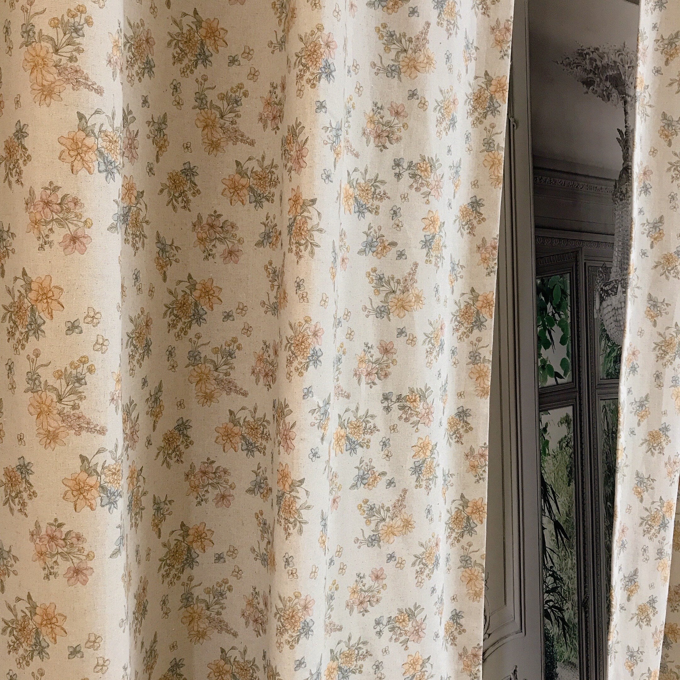 Pale Orange and Light Pink Floral Curtain on Natural Beige