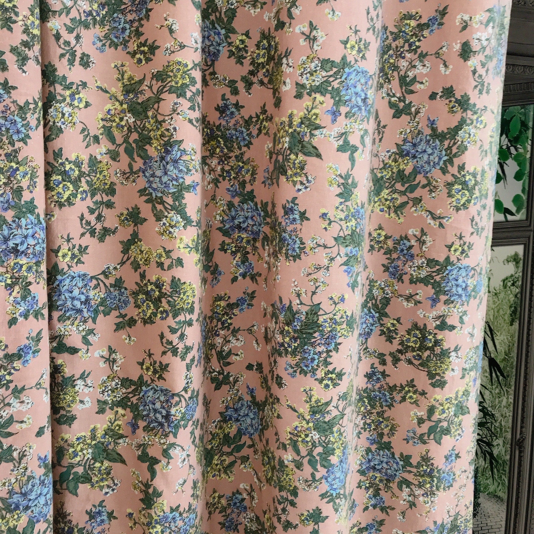 Purple Yellow Floral Curtain With Dark Indigo and Pink Accents