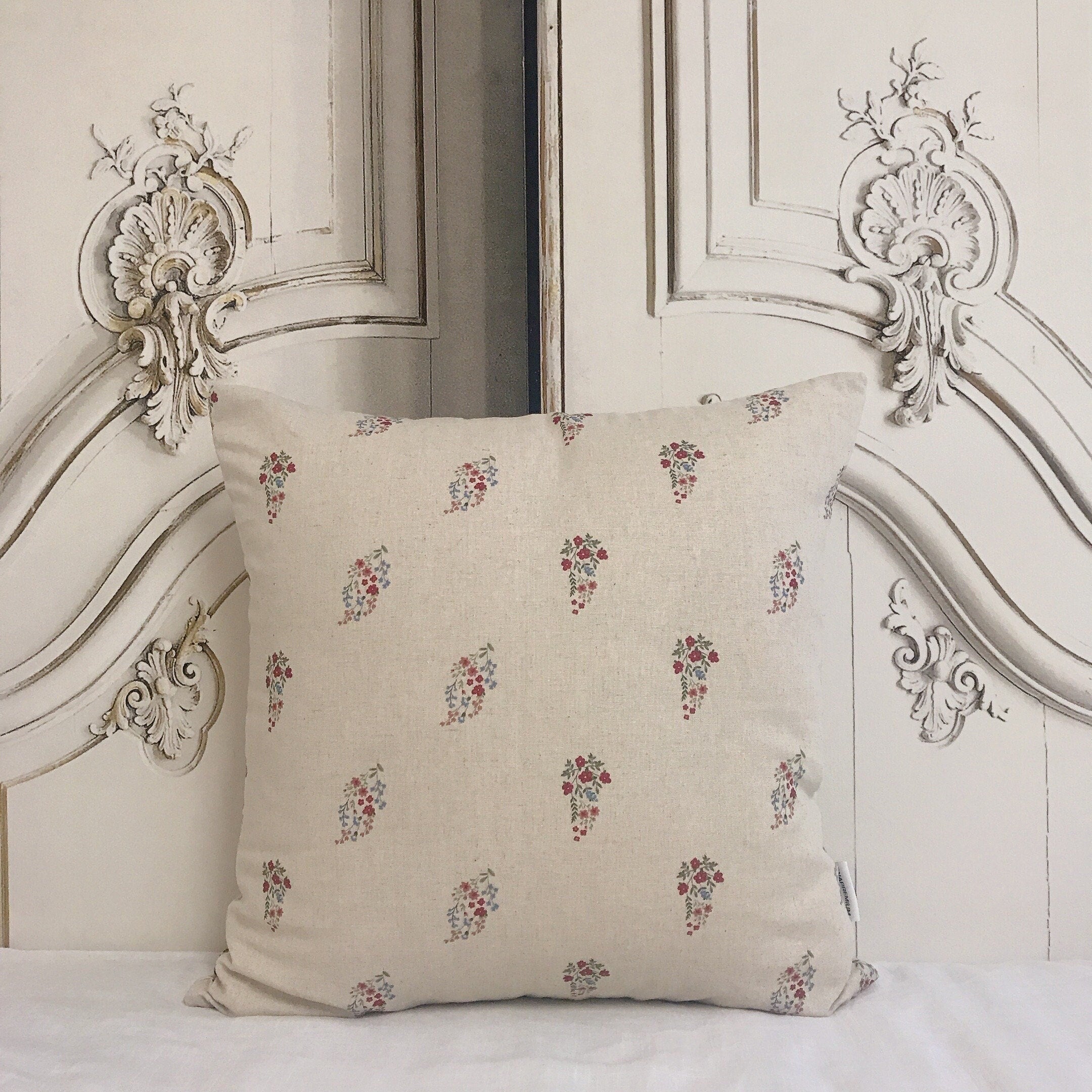 Red Pink Floral Cushion Cover on Natural Beige