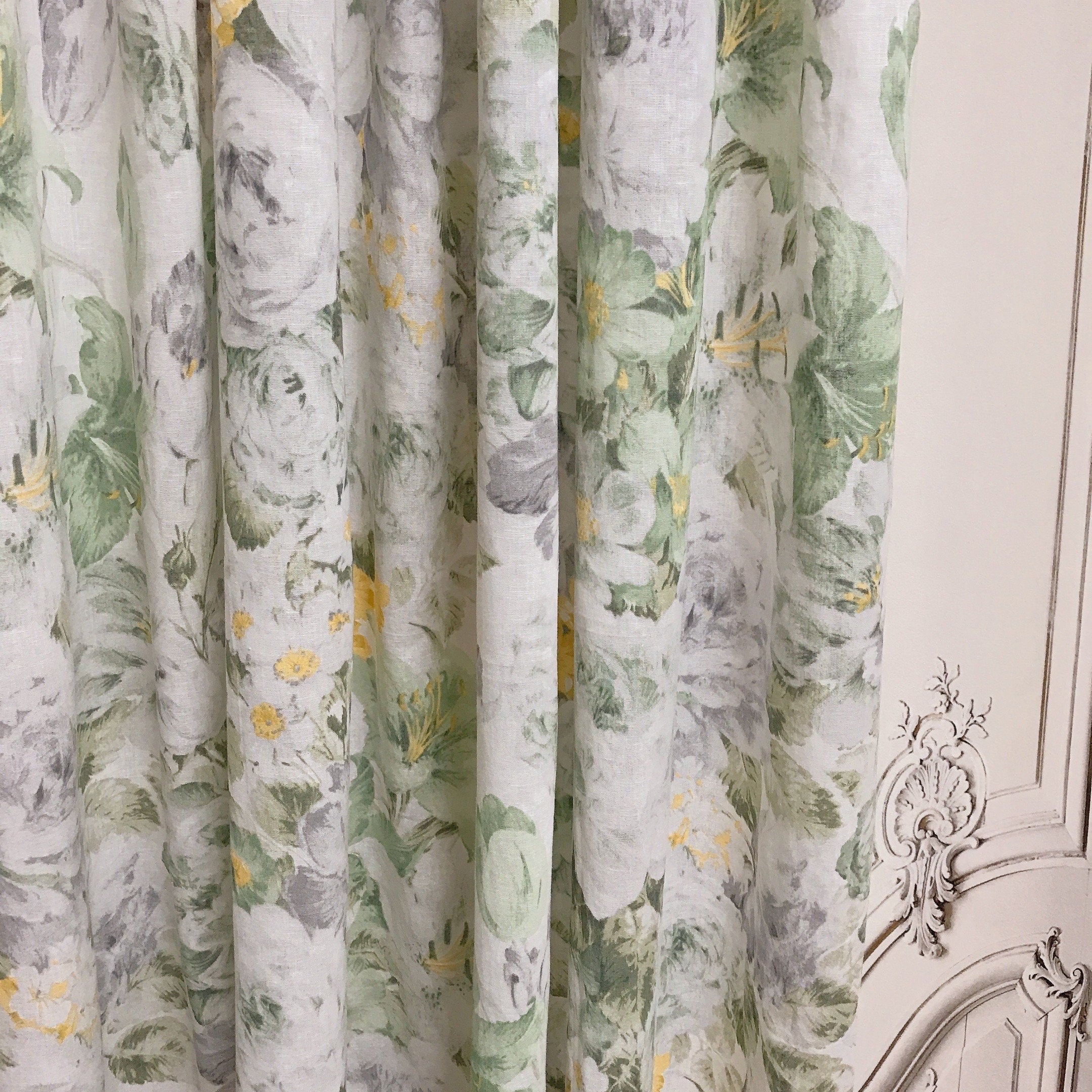 Light Grey Bold Floral Curtain on White
