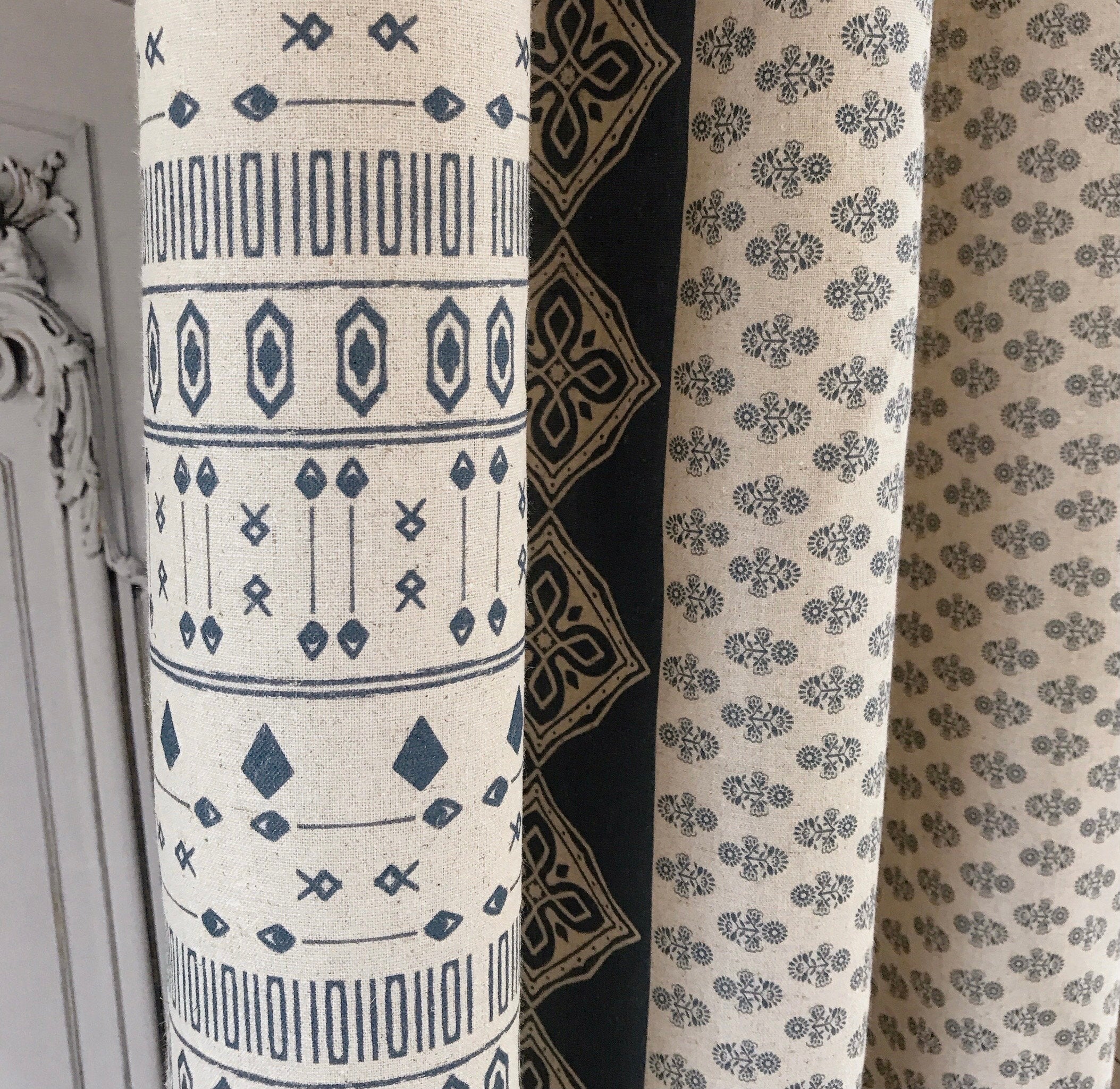 Softened Indigo Blue Geometric Curtain on Natural Beige