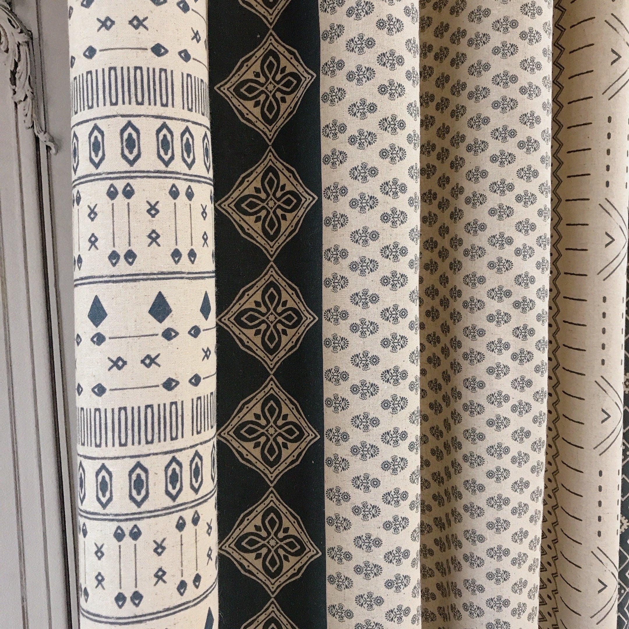 Softened Indigo Blue Geometric Curtain on Natural Beige