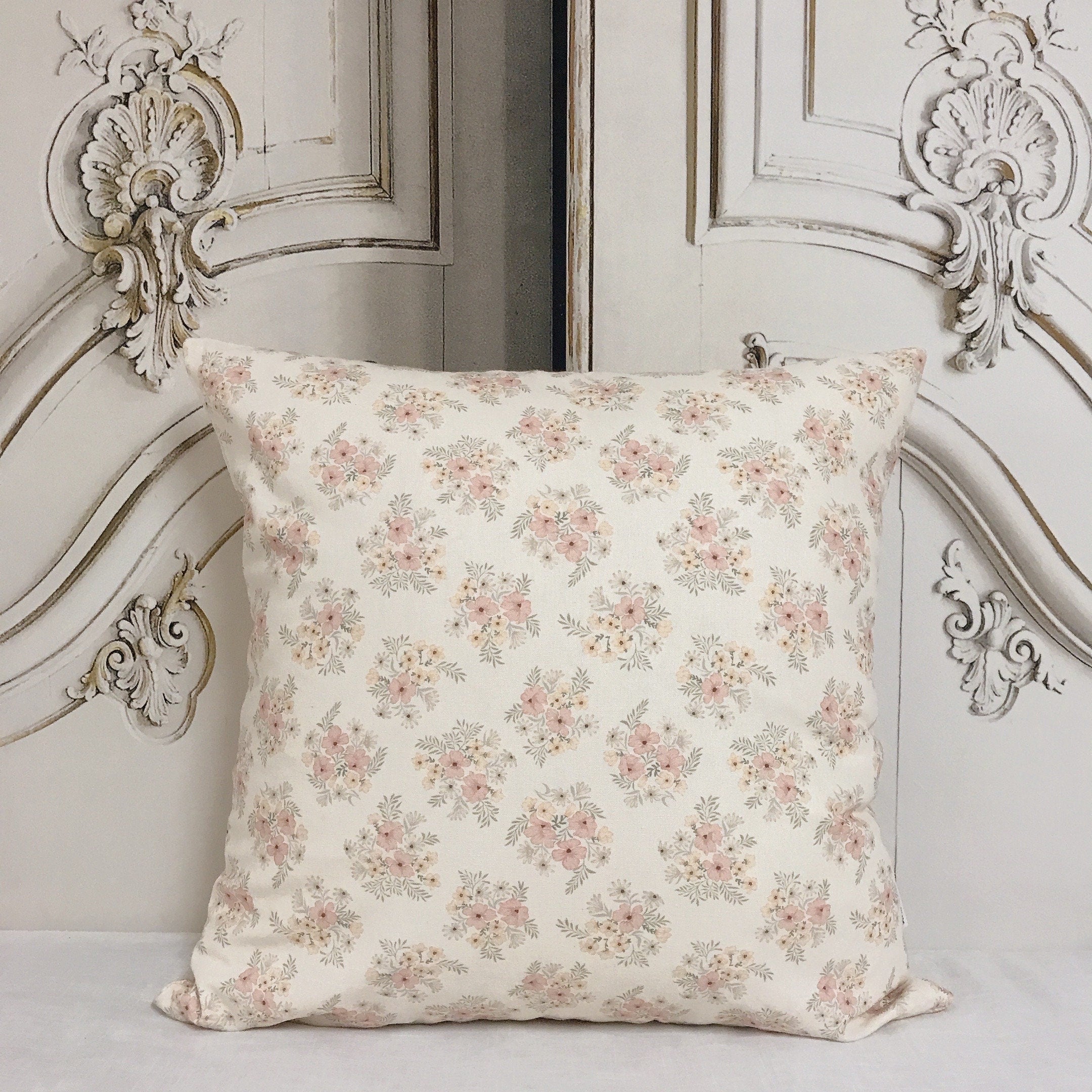 Salmon Pink Floral Cushion Cover on Cream Beige