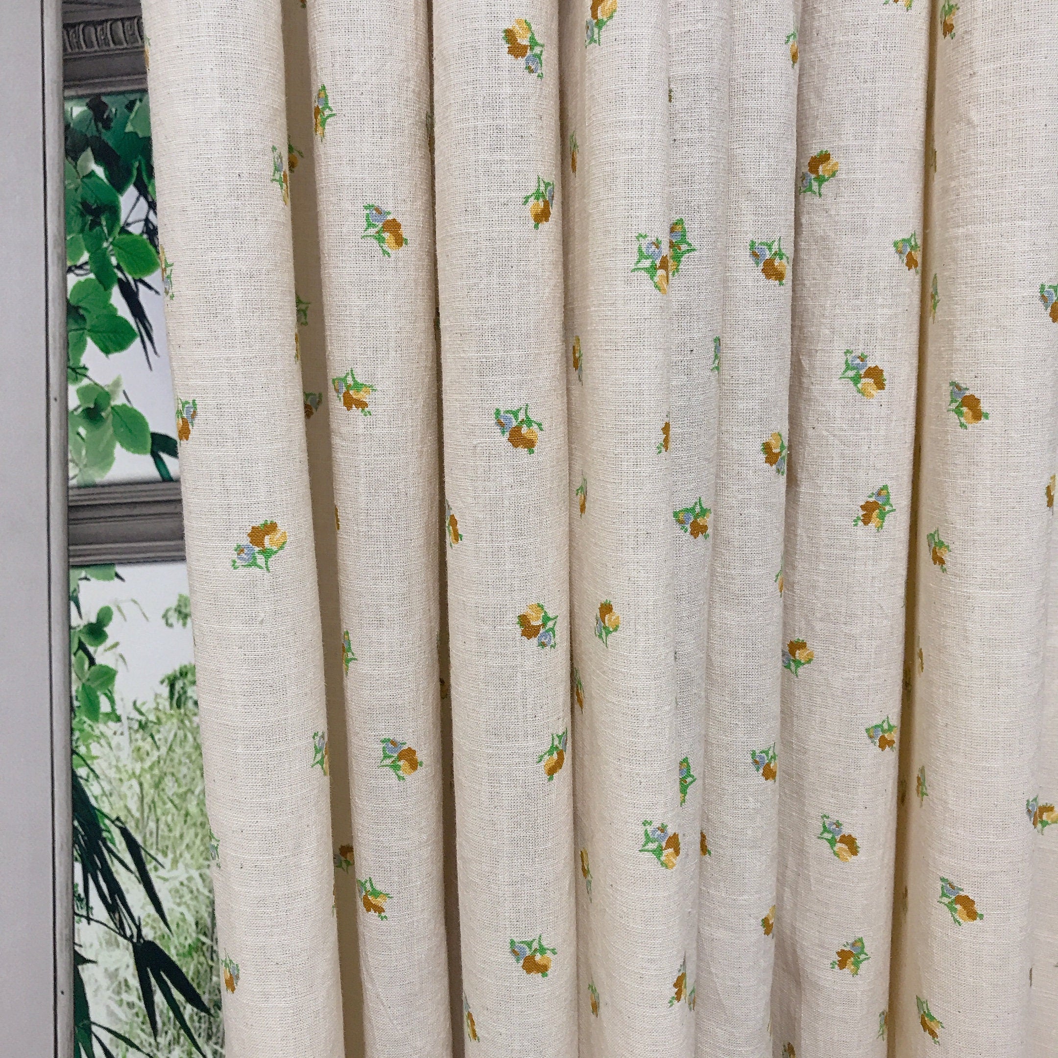 Tiny Floral Curtain in Mustard Yellow on Natural Beige