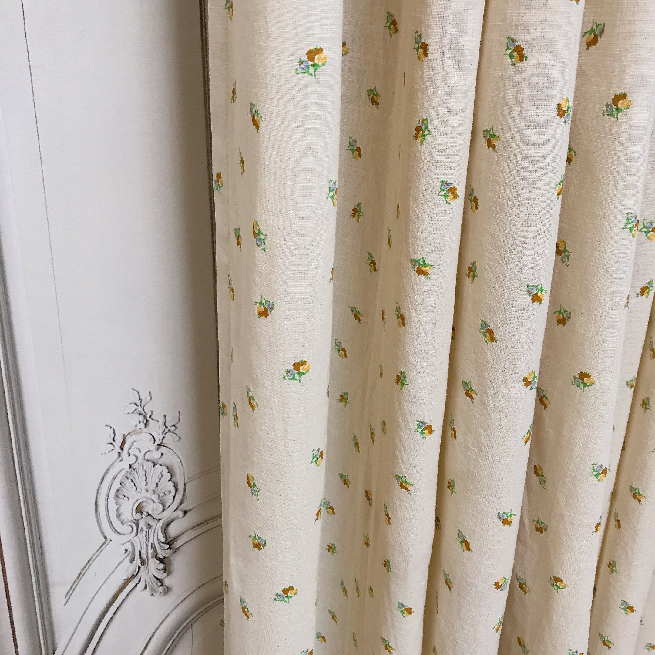 Tiny Floral Curtain in Mustard Yellow on Natural Beige