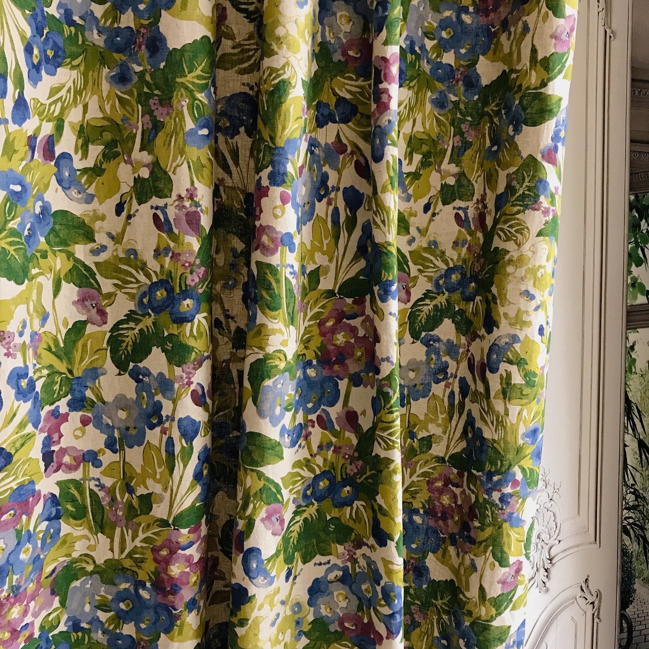 Blue and Purple Floral Curtain on Natural Beige