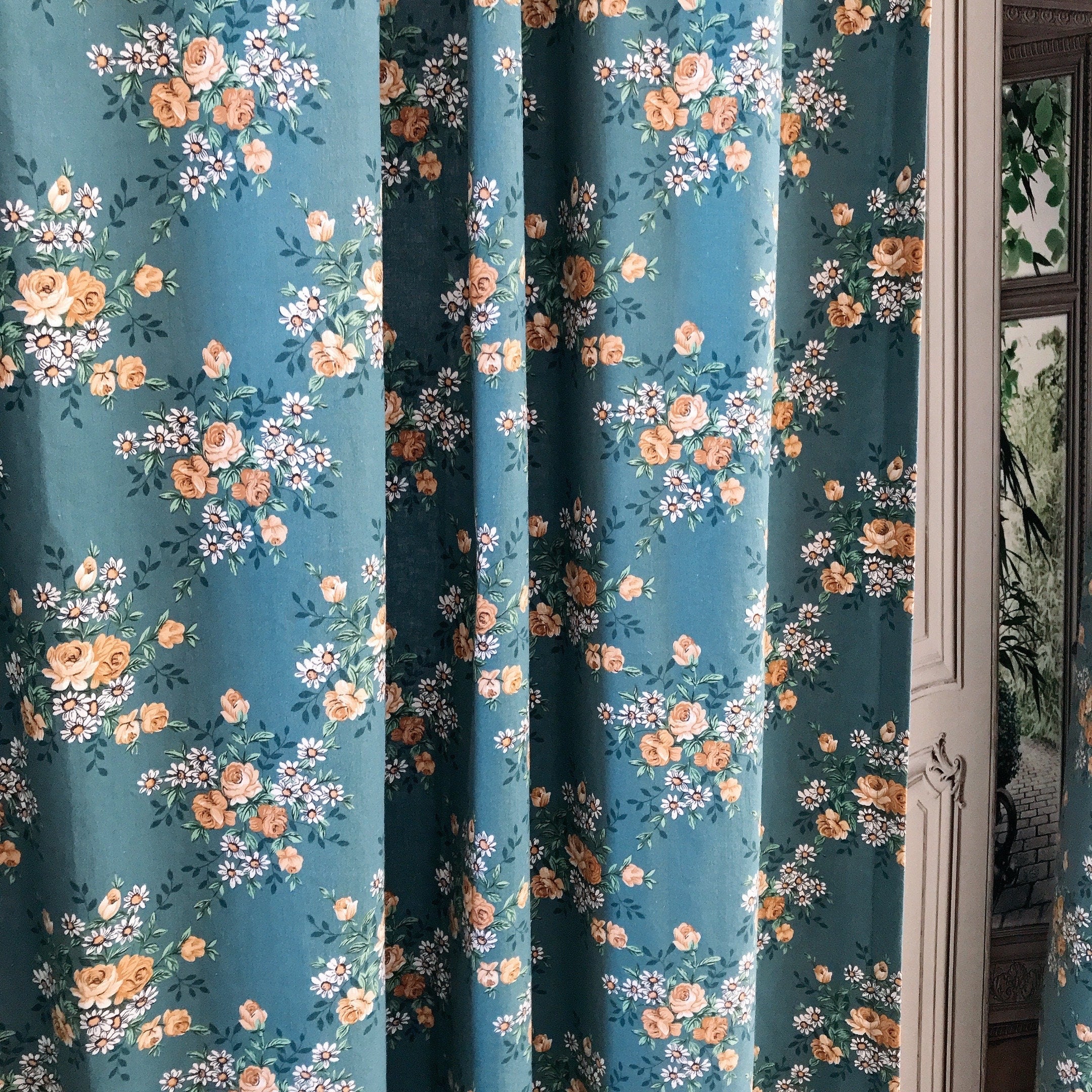 Light Mustard Floral Curtain on Teal