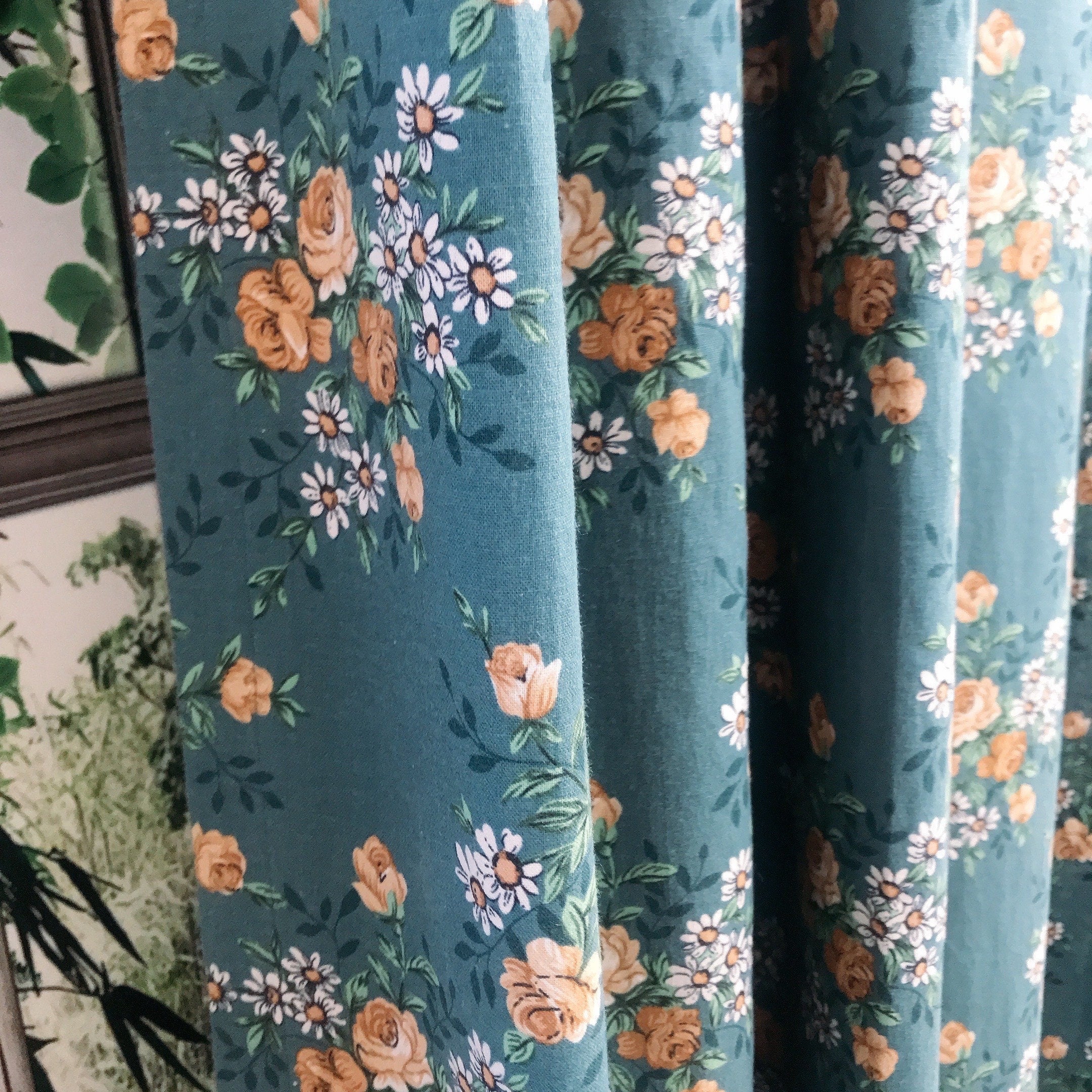 Light Mustard Floral Curtain on Teal
