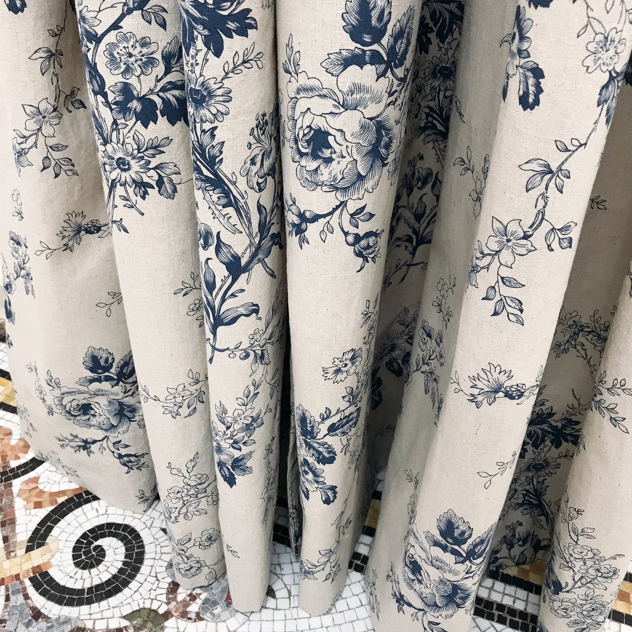 Navy Blue Floral Curtain on Natural Beige