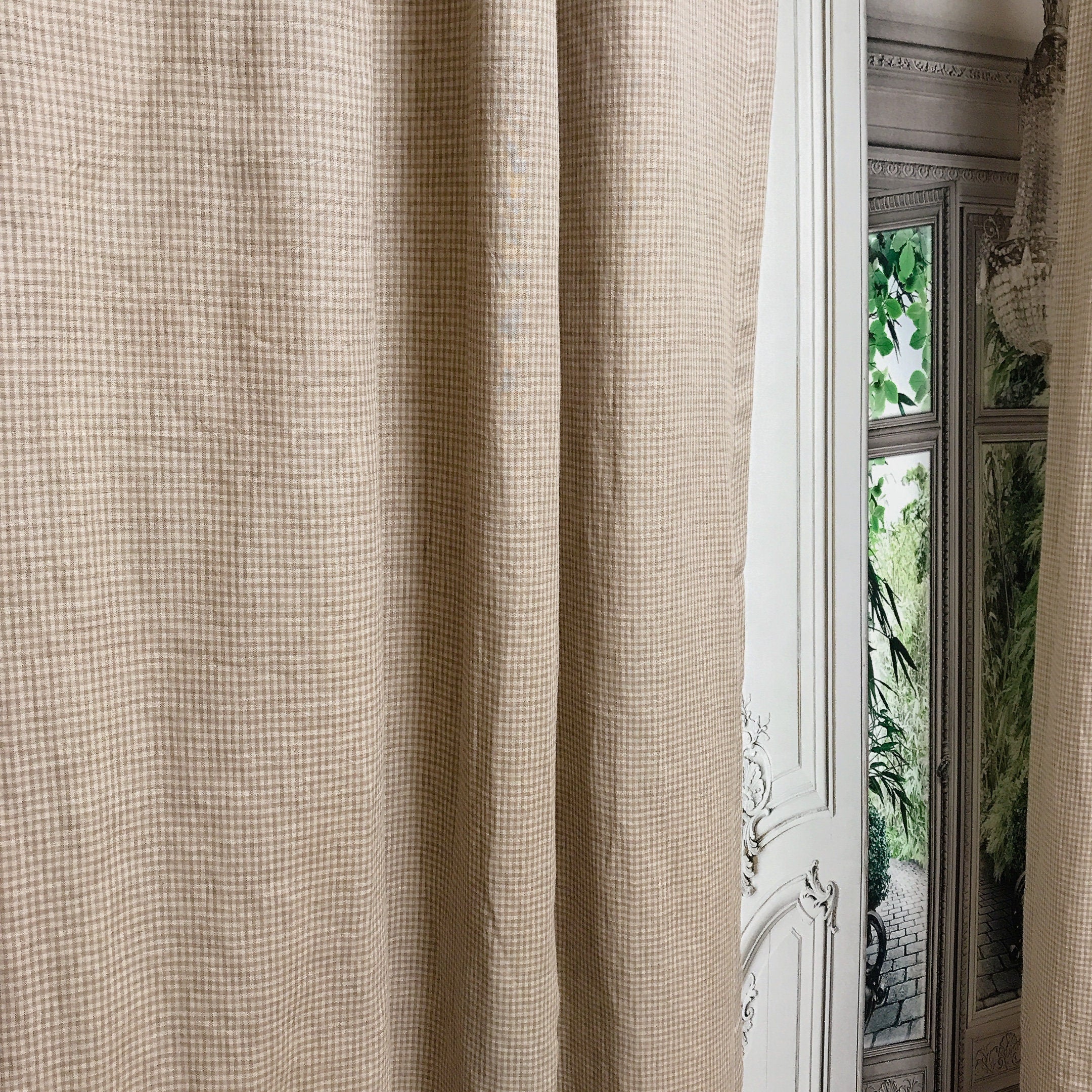 Brown and Natural Beige Tiny Plaid Curtain