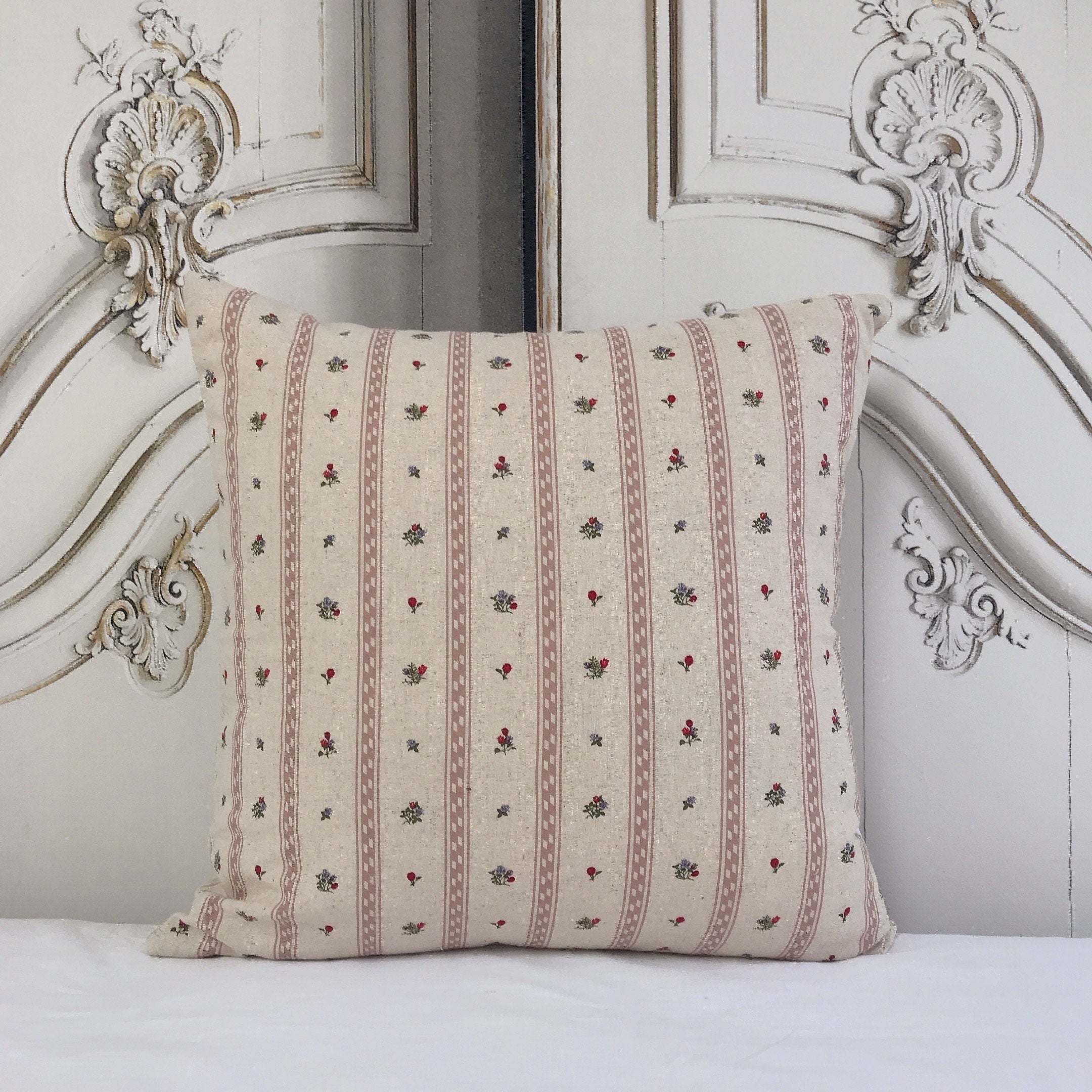 Muted Pink Vertical Stripe and Tiny Floral Cushion Cover on Natural Beige