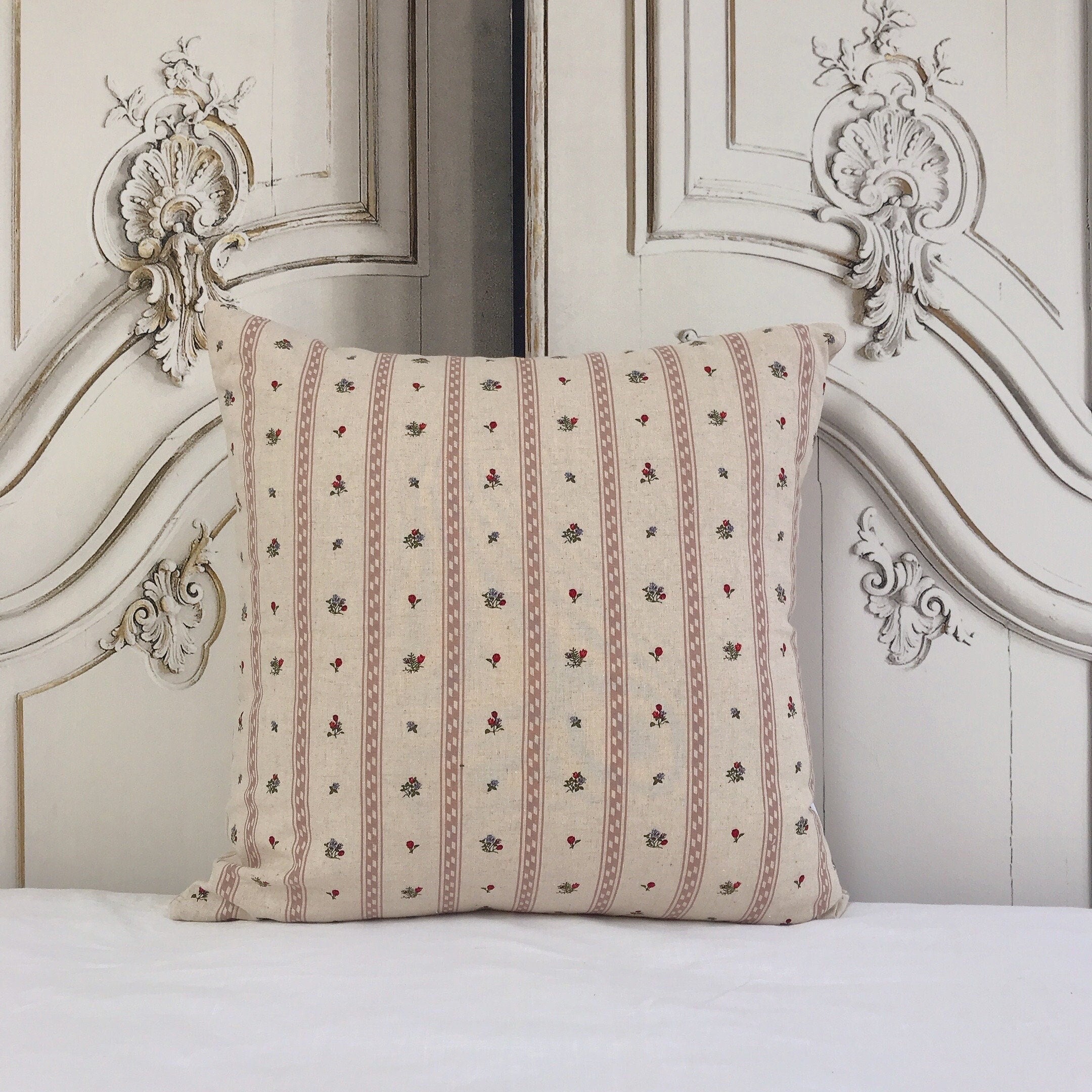 Muted Pink Vertical Stripe and Tiny Floral Cushion Cover on Natural Beige
