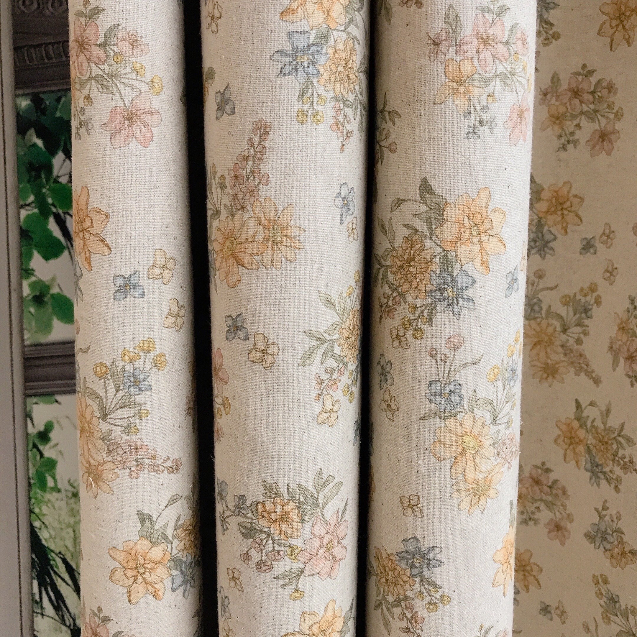 Pale Orange and Light Pink Floral Curtain on Natural Beige