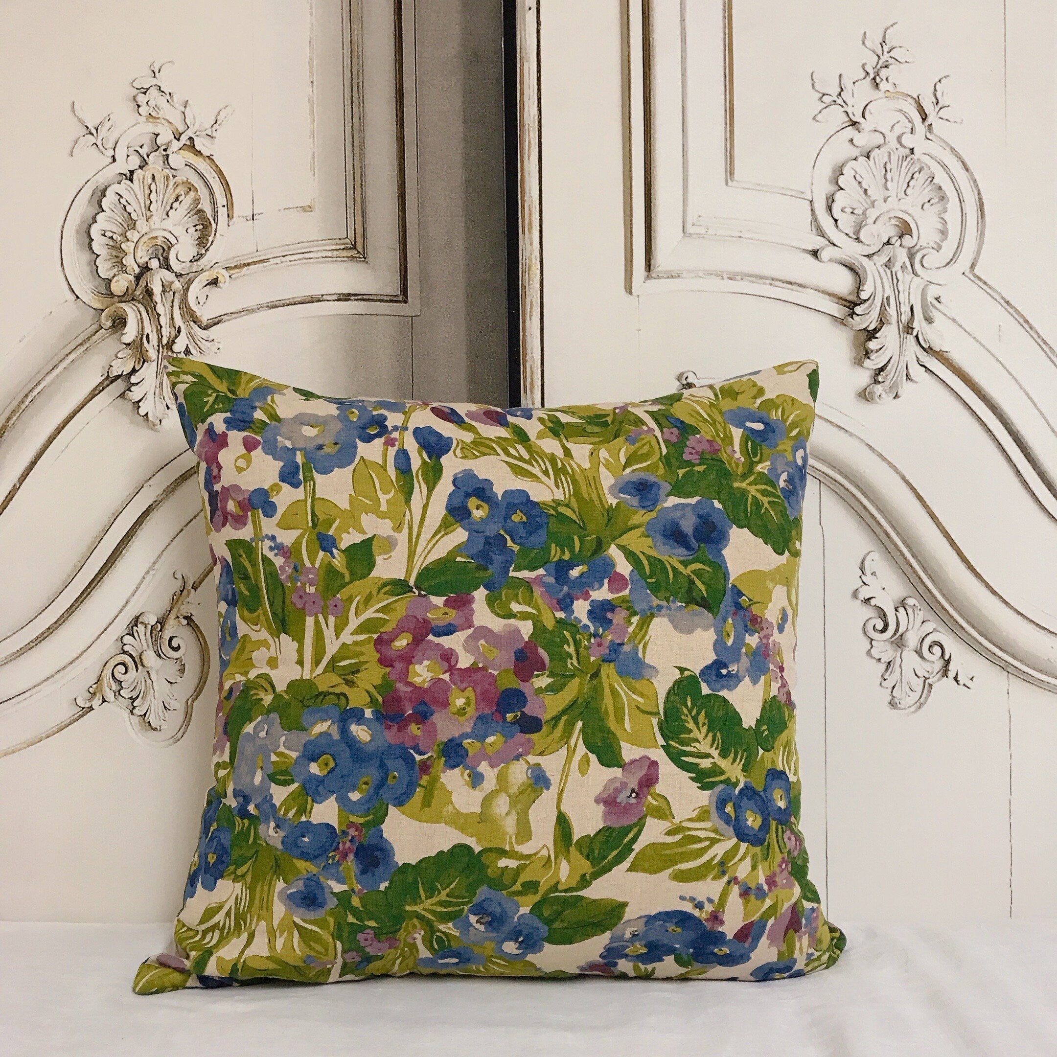 Blue and Purple Floral Cushion Cover on Natural Beige