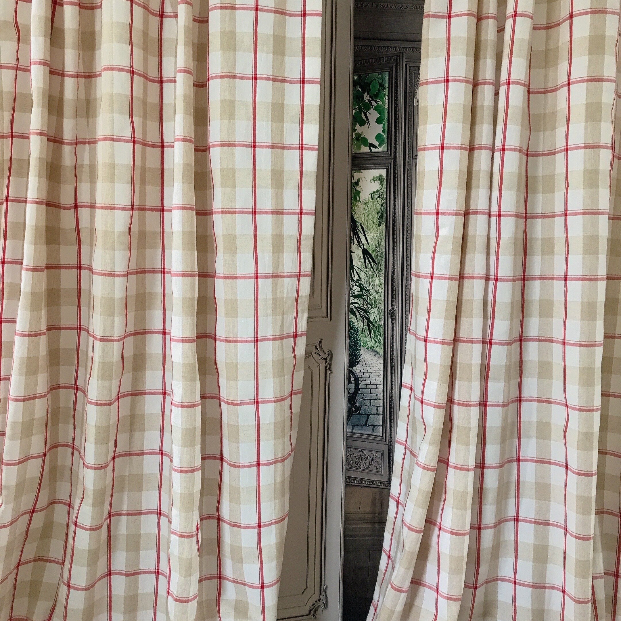 Red Beige and Ivory Plaid Curtain