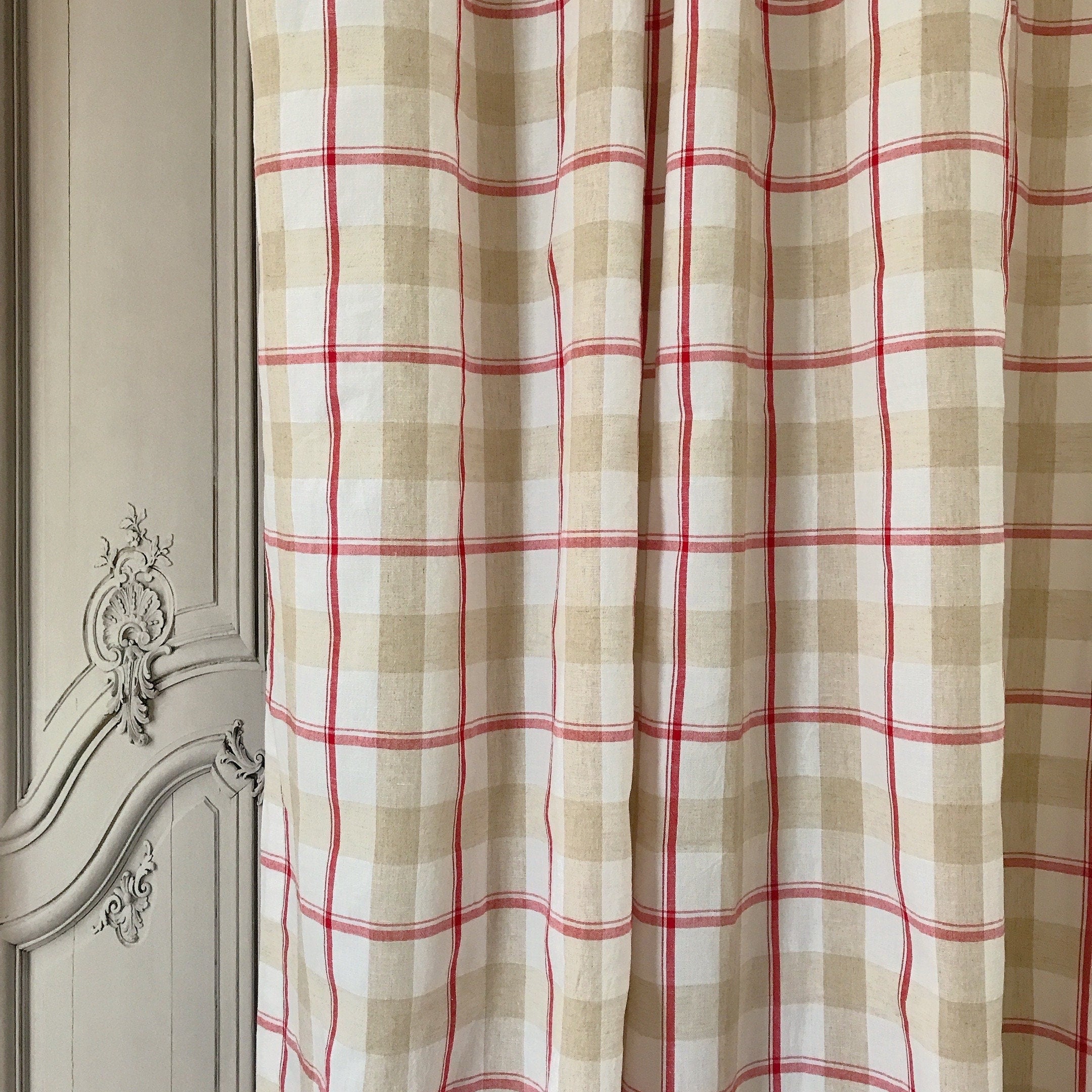 Red Beige and Ivory Plaid Curtain