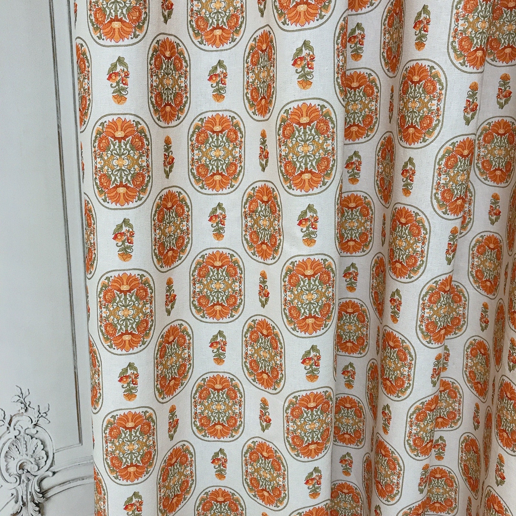 Terracotta Orange Floral Curtain on Light Natural Beige