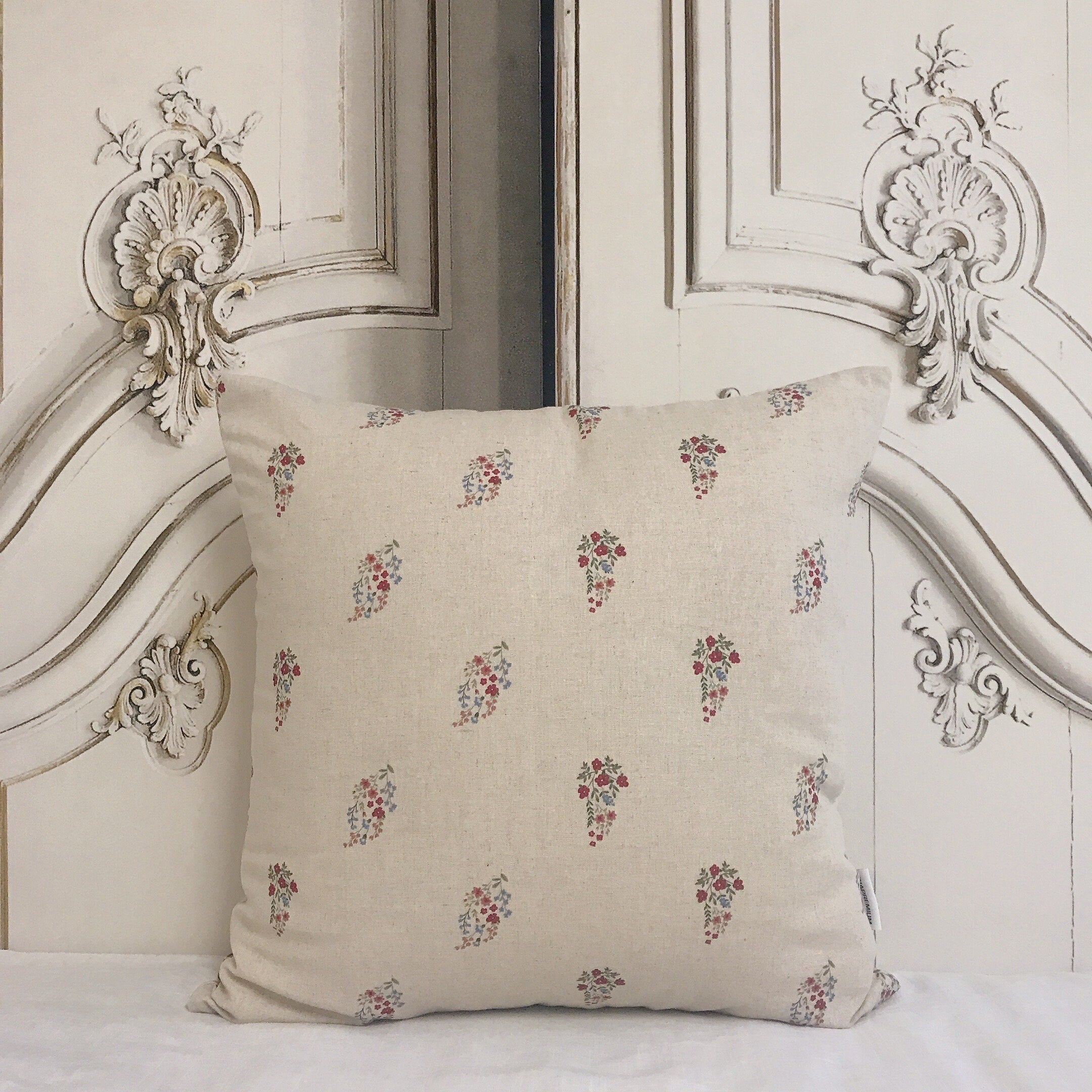 Red Pink Floral Cushion Cover on Natural Beige