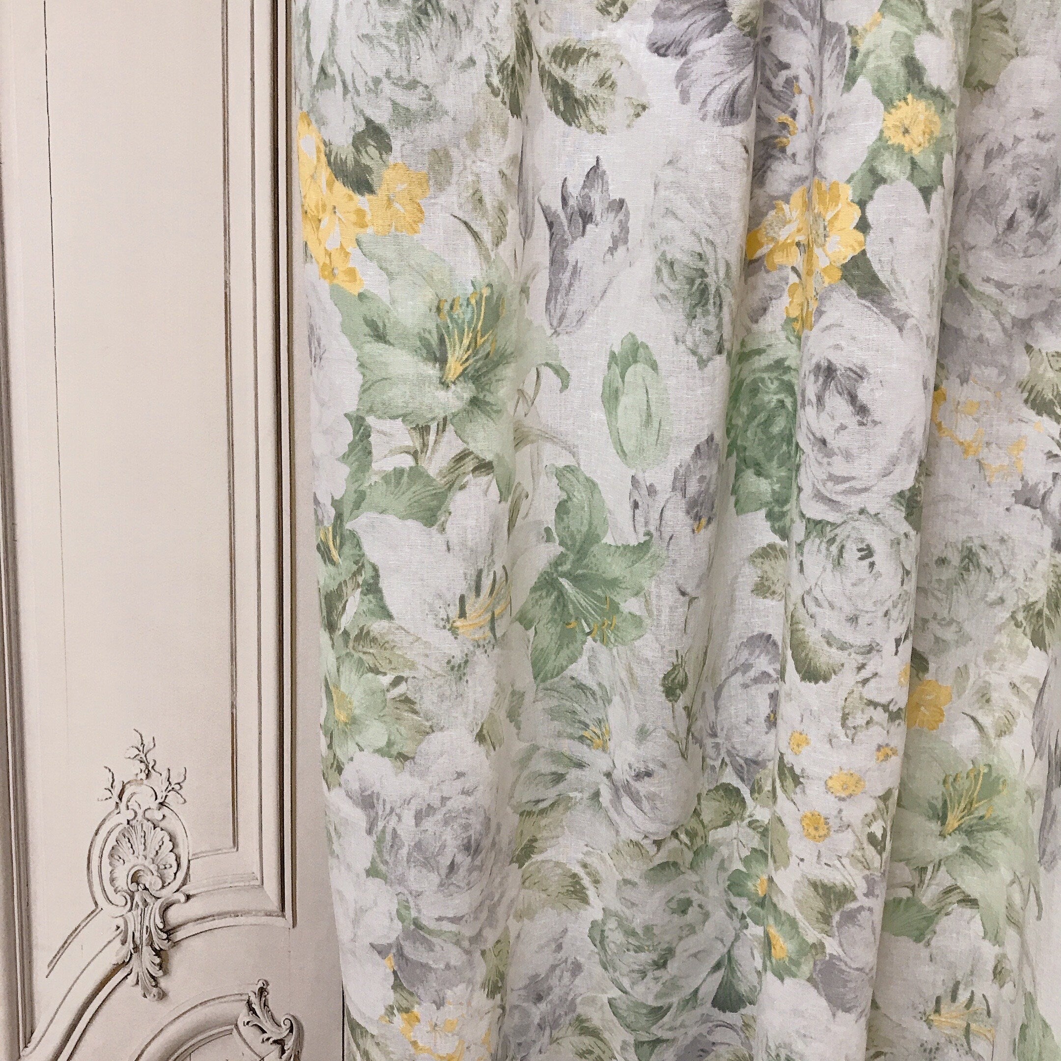 Light Grey Bold Floral Curtain on White