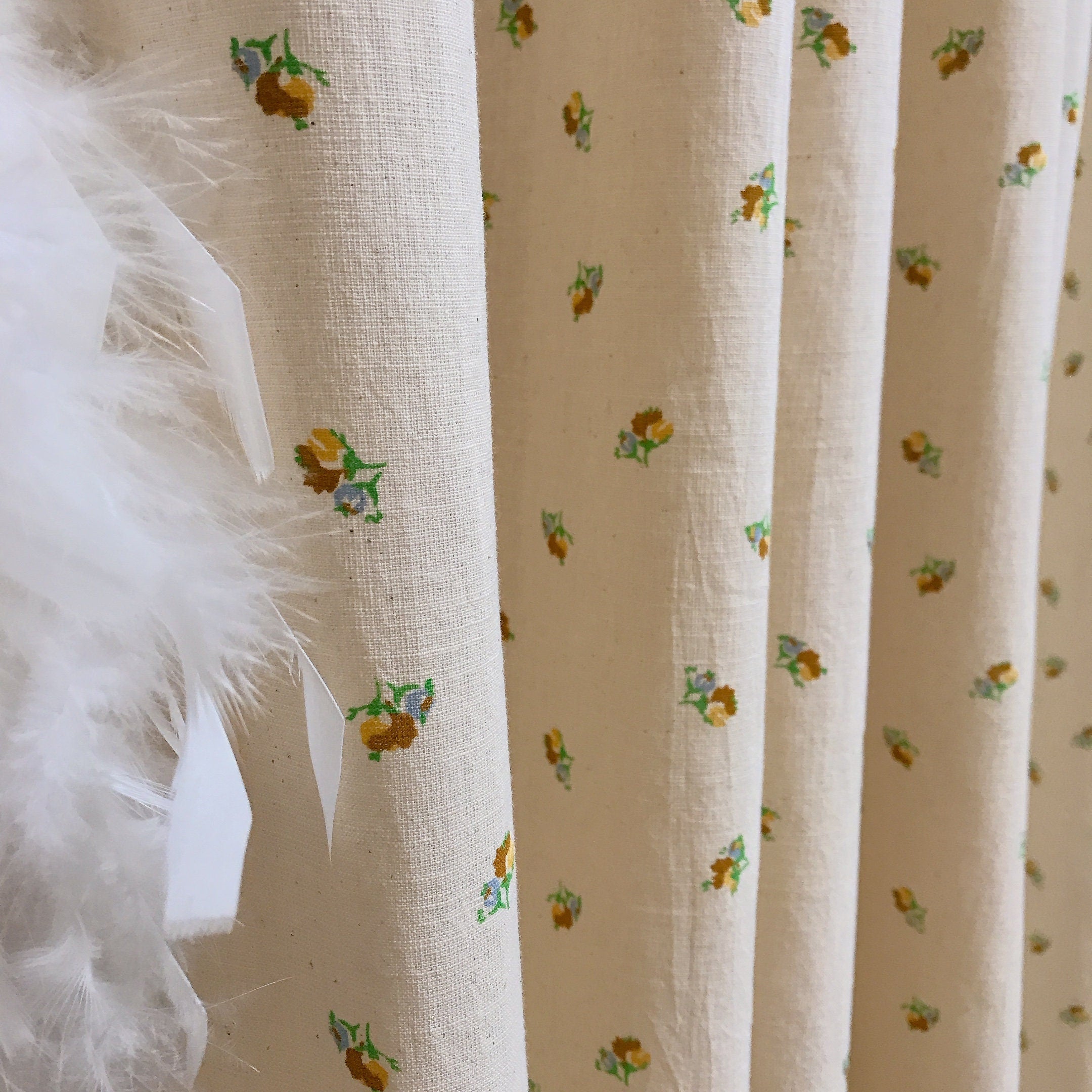 Tiny Floral Curtain in Mustard Yellow on Natural Beige