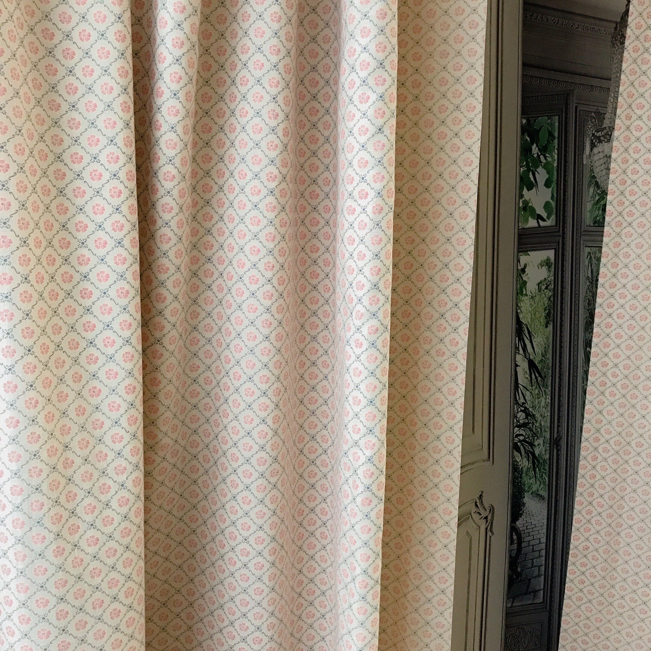Retro Pink and Navy Blue Floral Curtain on Natural Beige