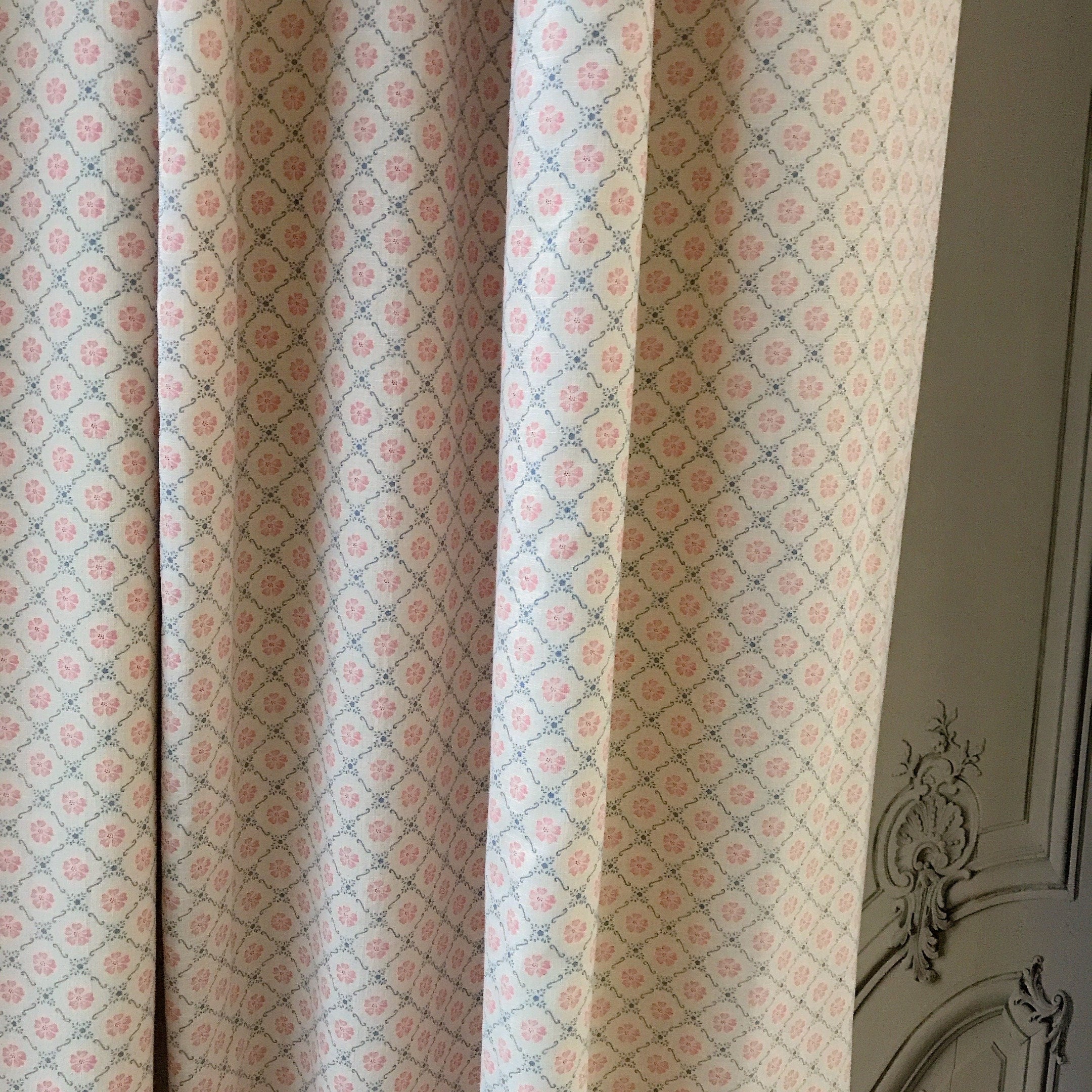 Retro Pink and Navy Blue Floral Curtain on Natural Beige