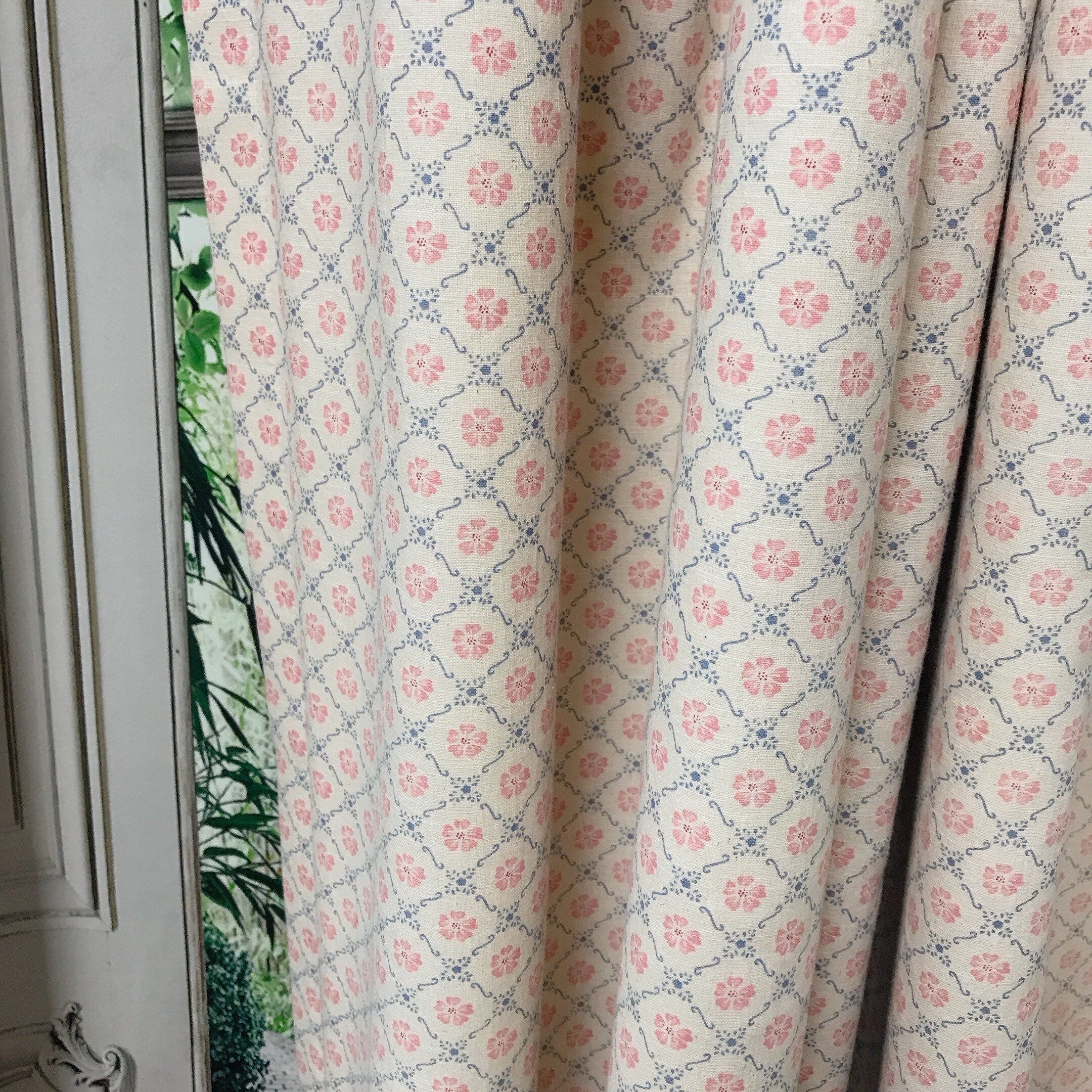 Retro Pink and Navy Blue Floral Curtain on Natural Beige