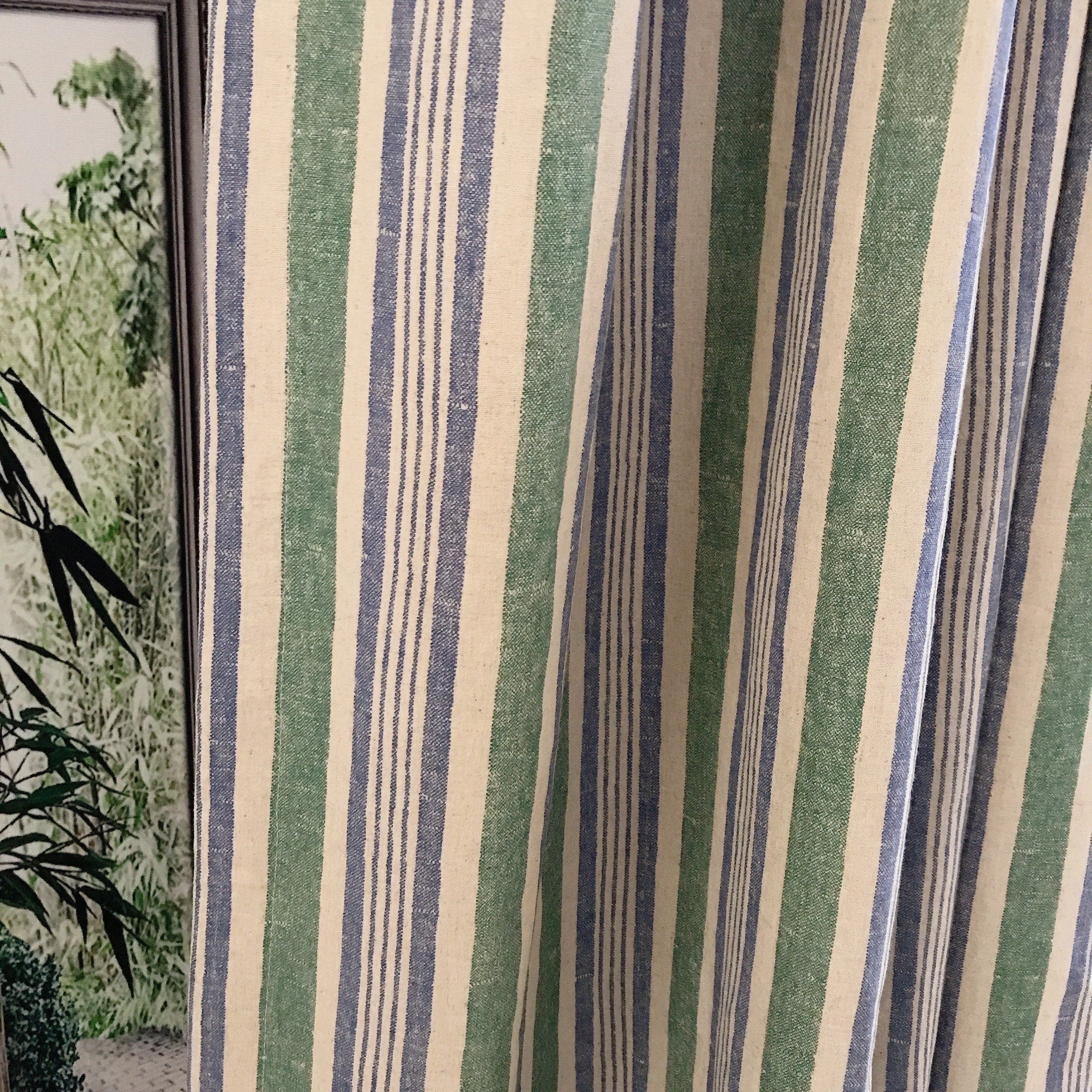 Dusty Forest Green and Blue Stripe Curtain on Natural Beige