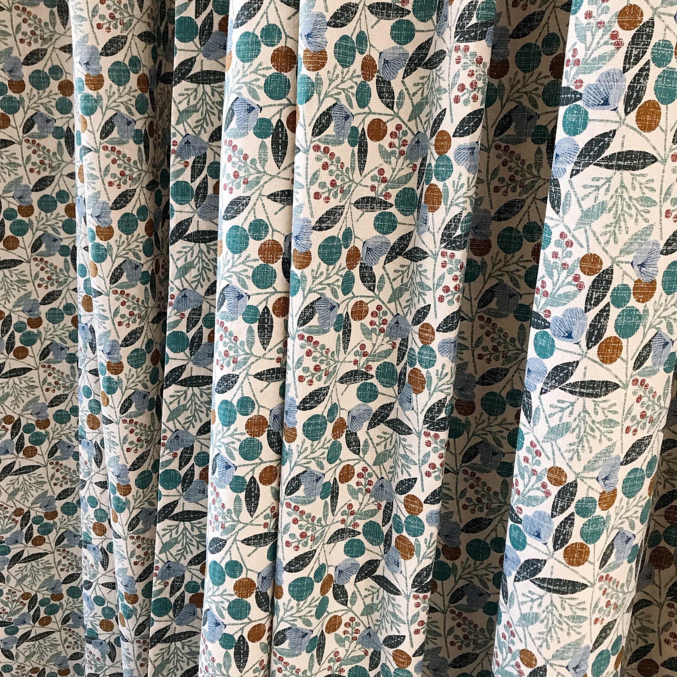 Teal Cherry Blossom Curtain on Natural Beige