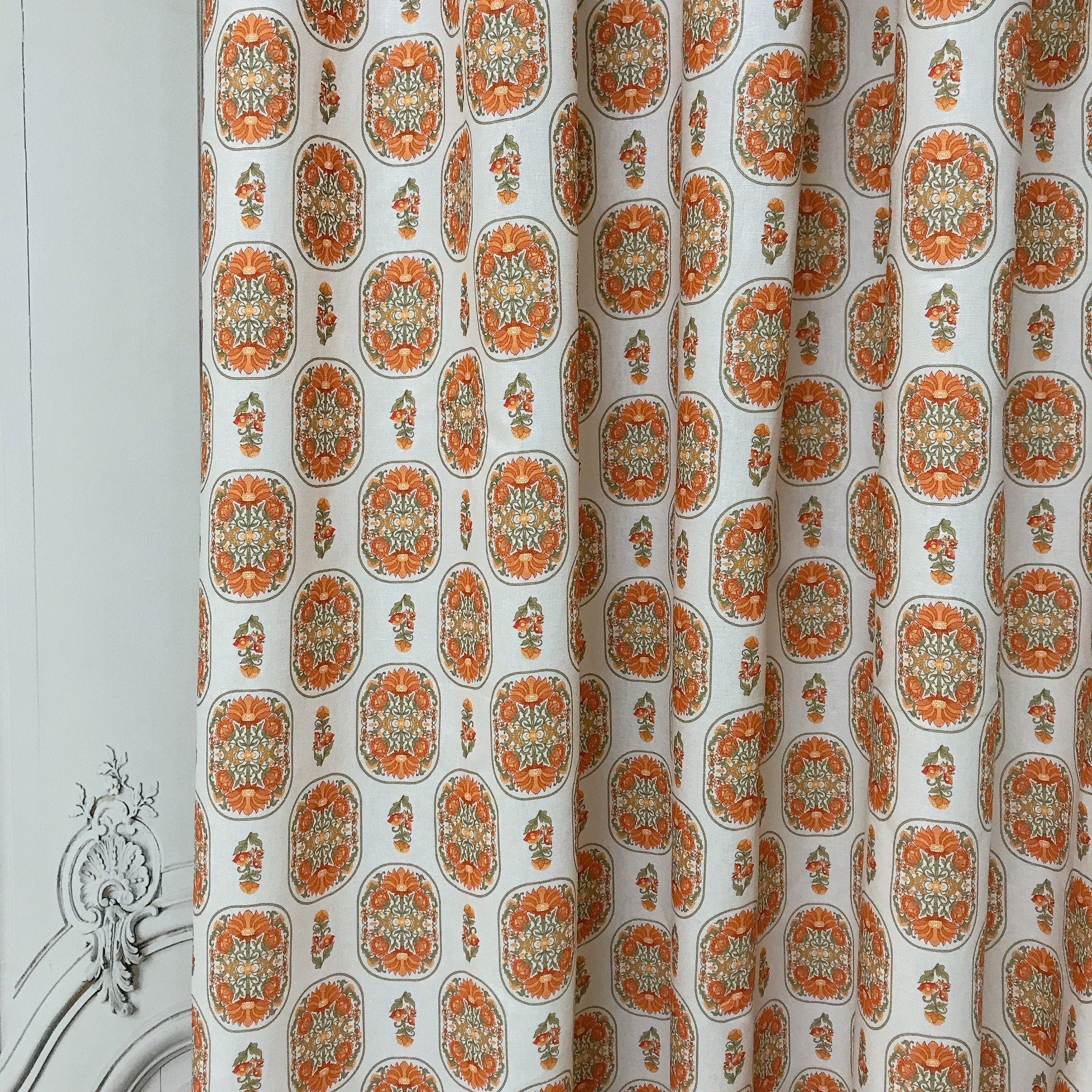Terracotta Orange Floral Curtain on Light Natural Beige
