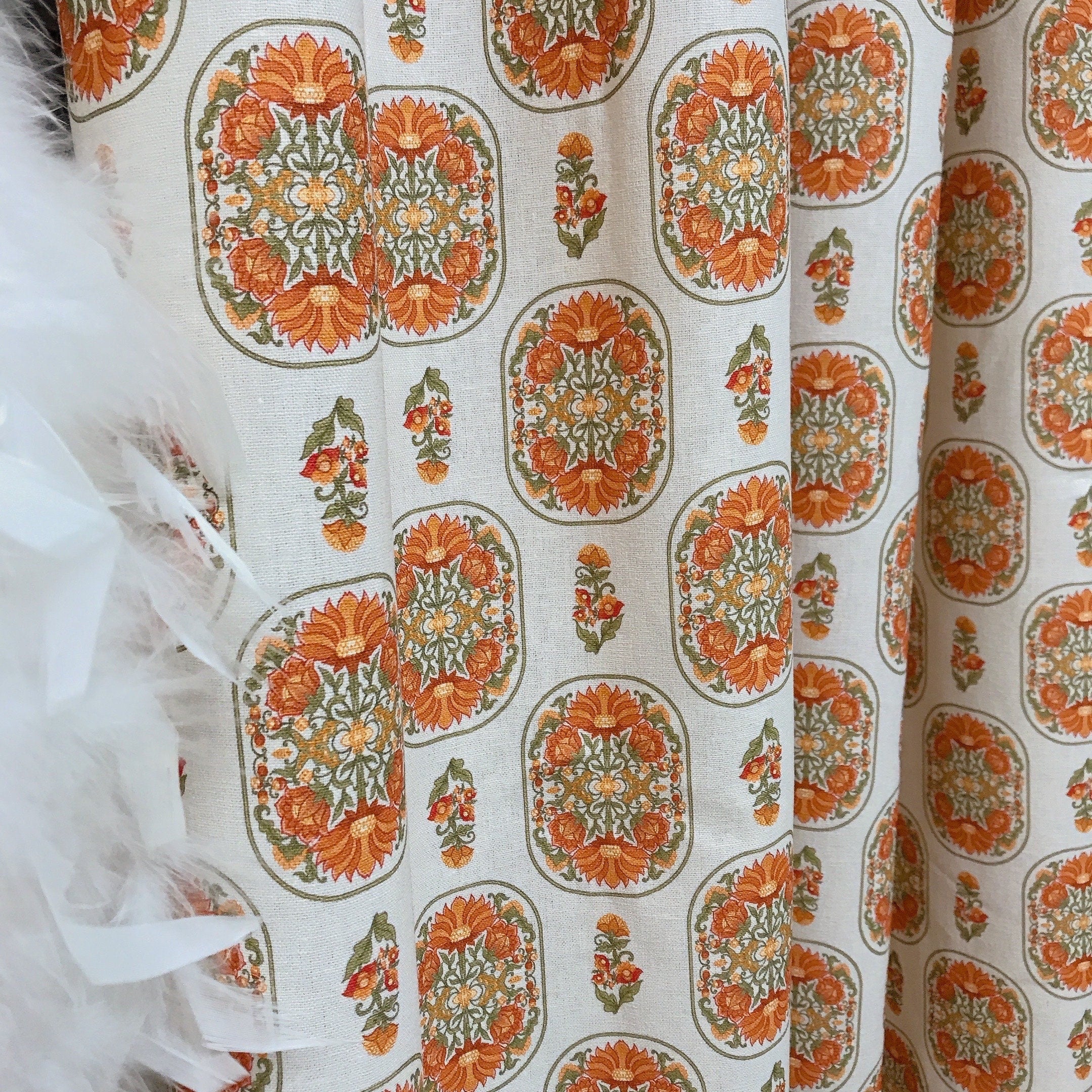 Terracotta Orange Floral Curtain on Light Natural Beige