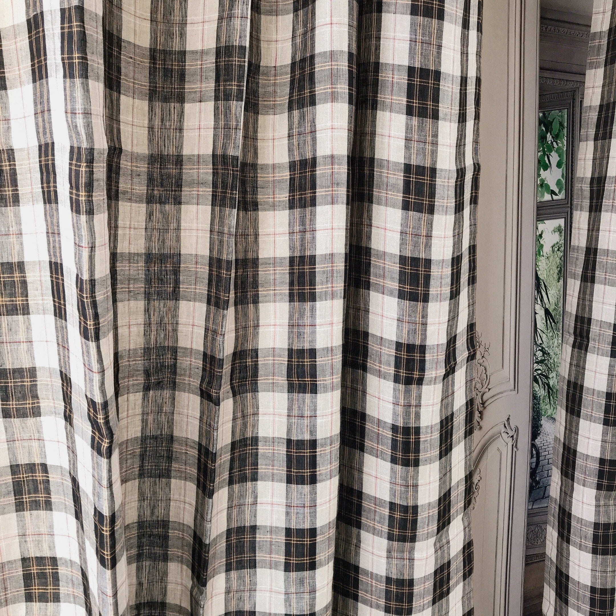 Black Orange Yellow and Red Plaid Linen Curtain on Natural Beige