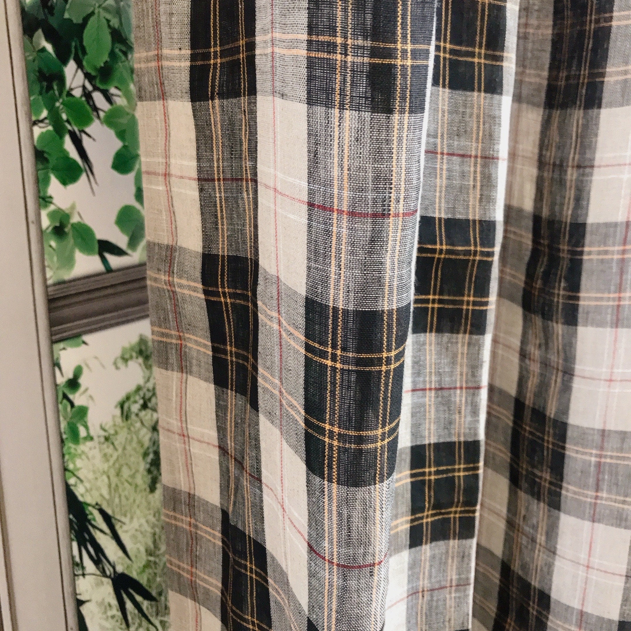 Black Orange Yellow and Red Plaid Linen Curtain on Natural Beige