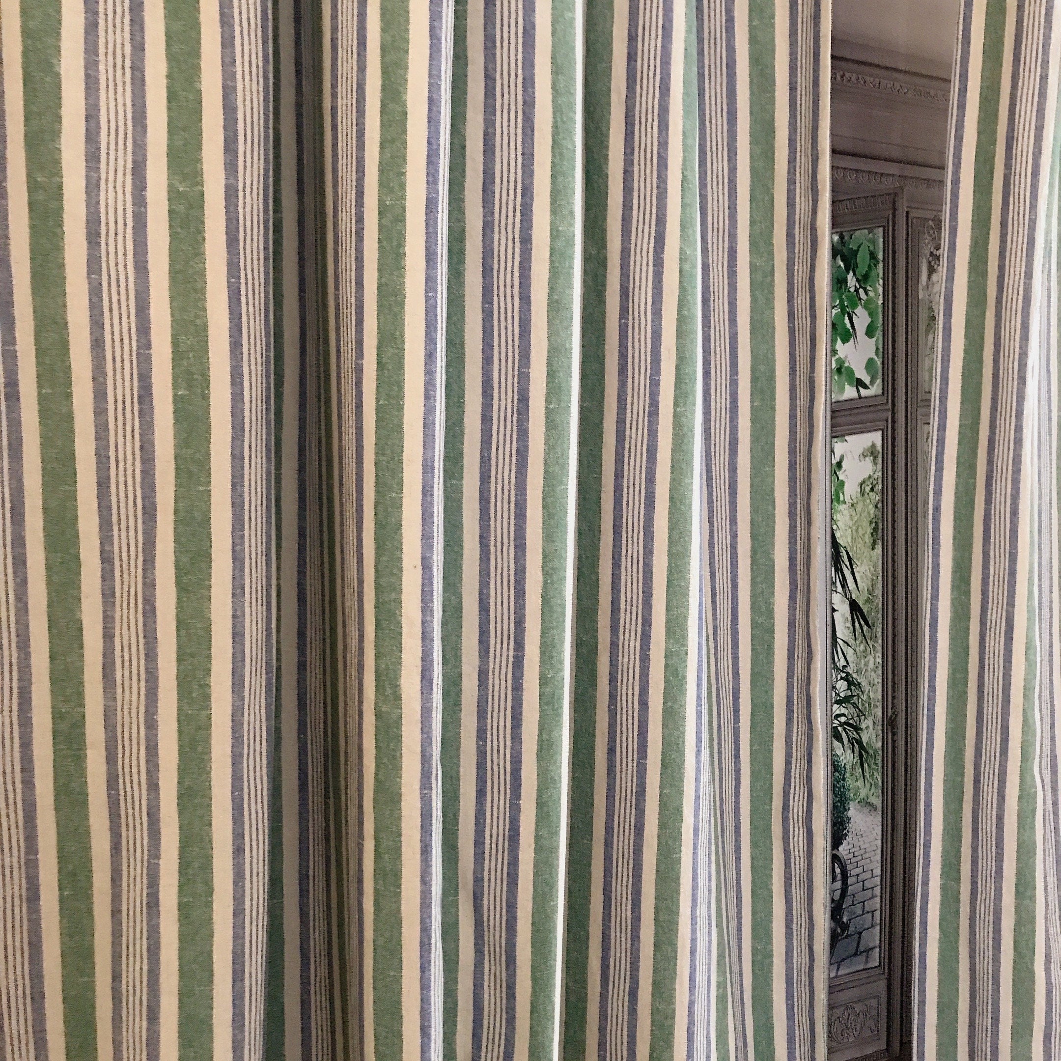 Dusty Forest Green and Blue Stripe Curtain on Natural Beige
