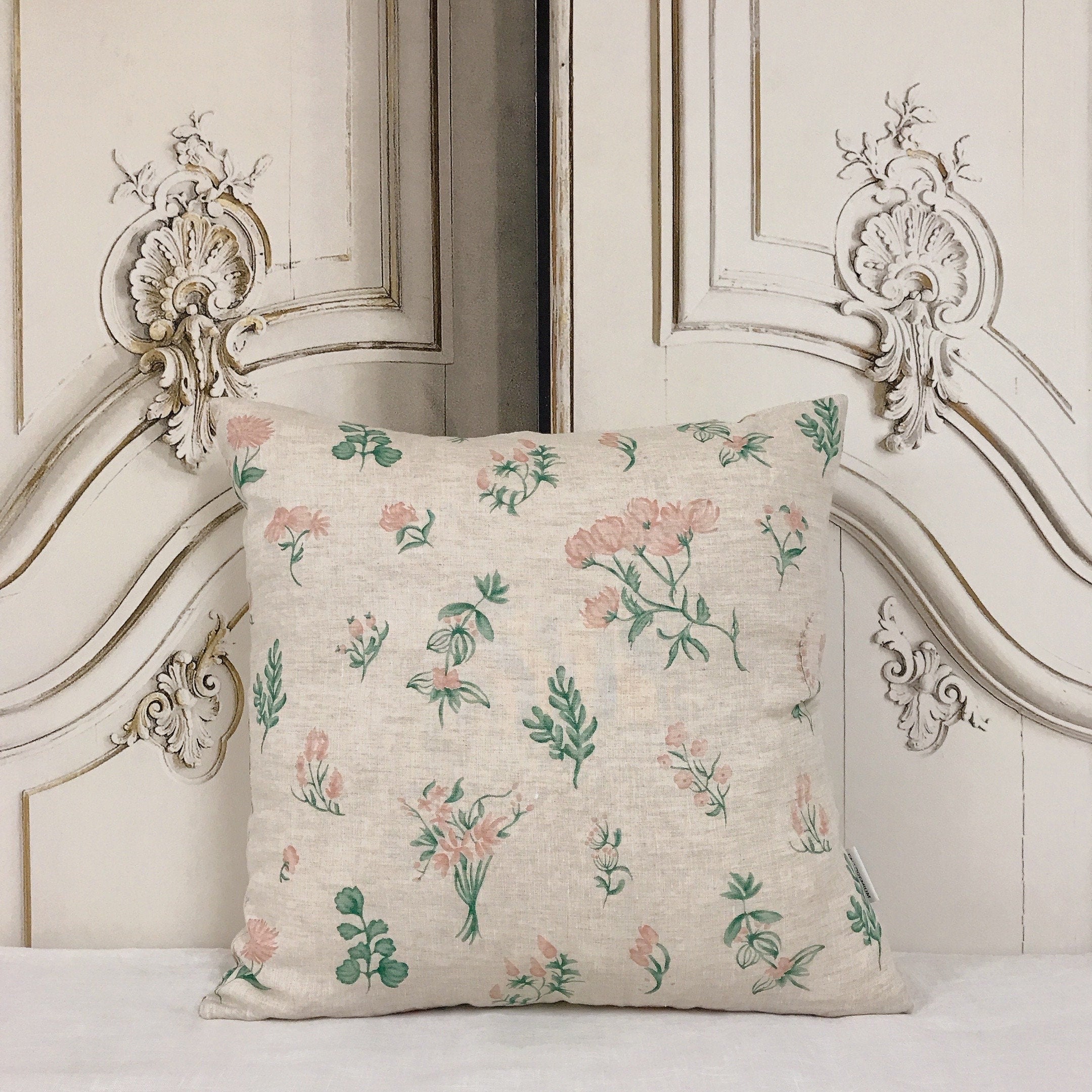 Pale Baby Pink Floral Cushion Cover on Soft Light Melange