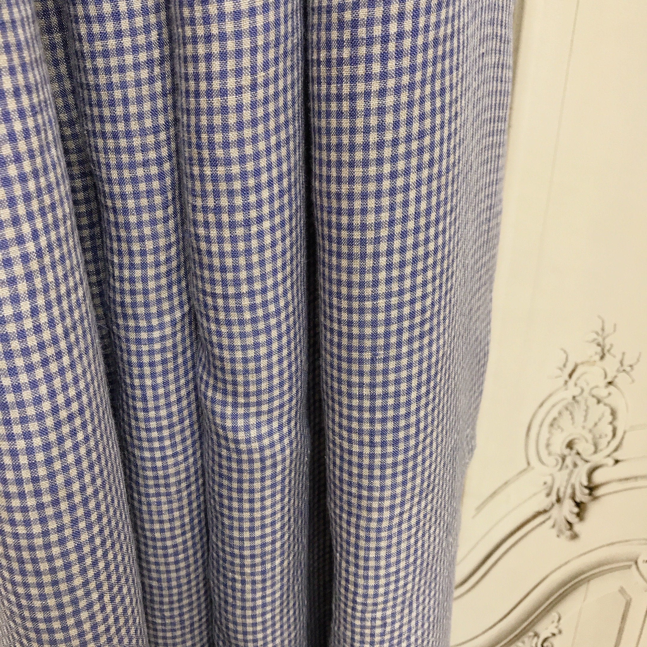 Blue and Natural Beige Tiny Plaid Curtain