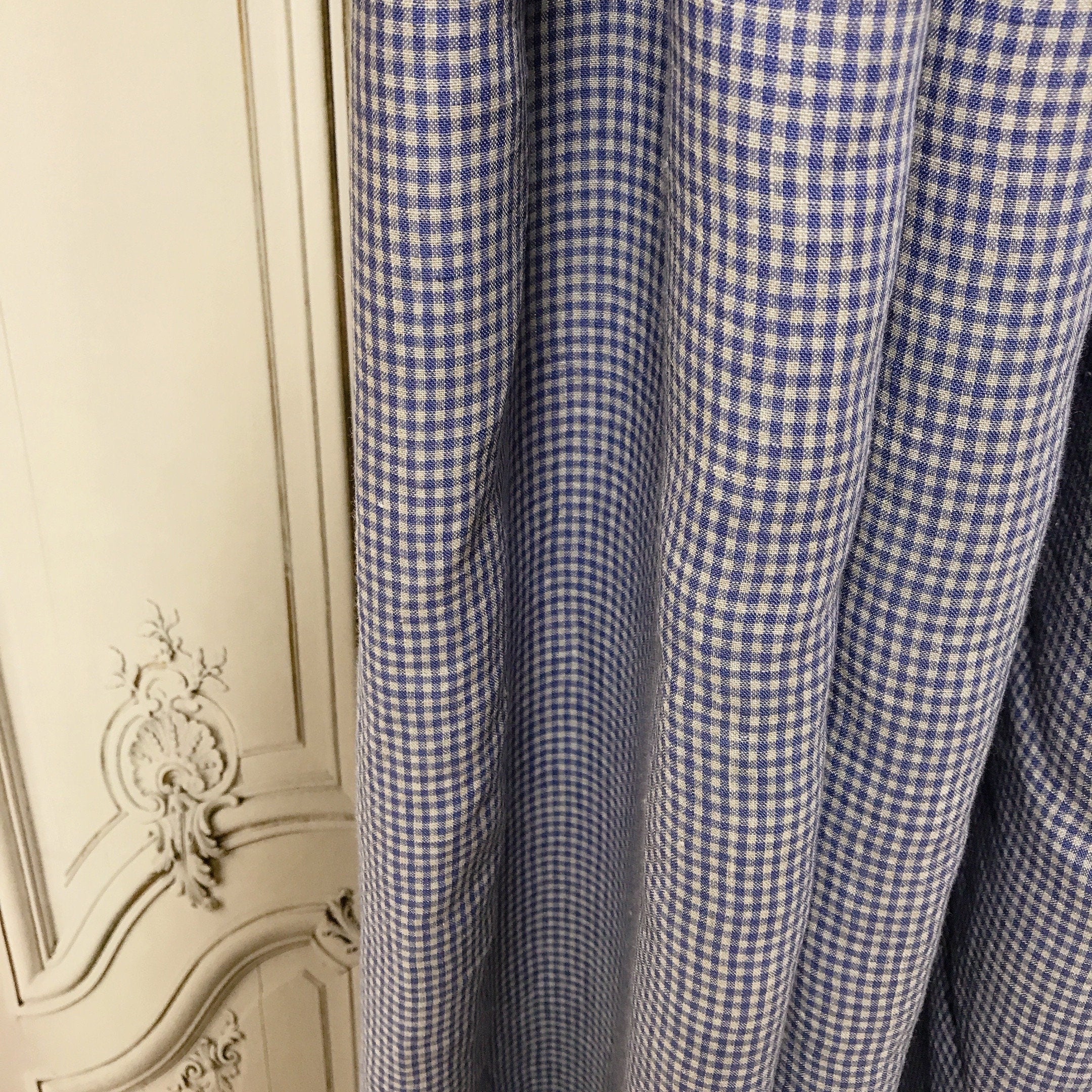 Blue and Natural Beige Tiny Plaid Curtain