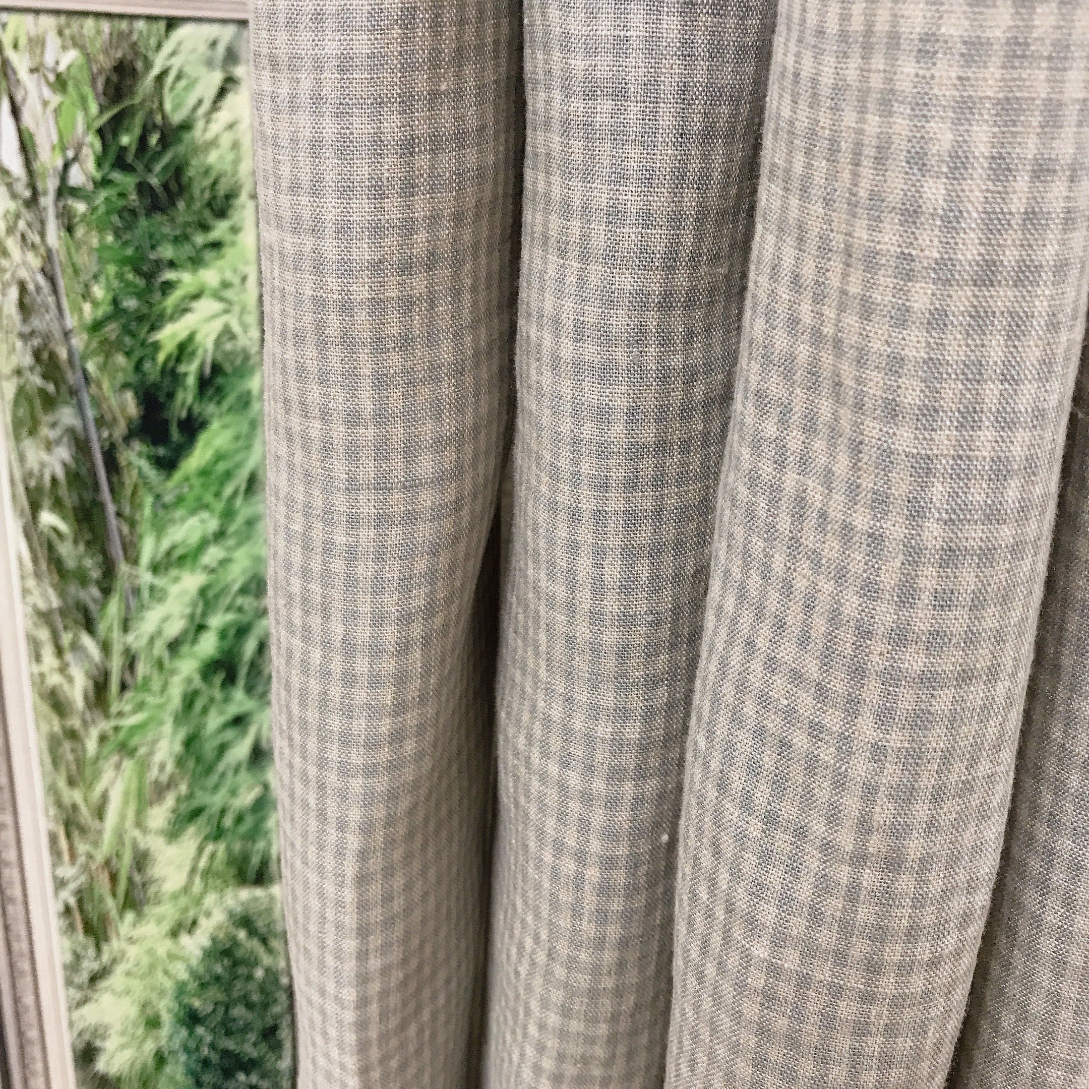 Light Mint Grey and Natural Beige Mini Plaid Linen Curtain