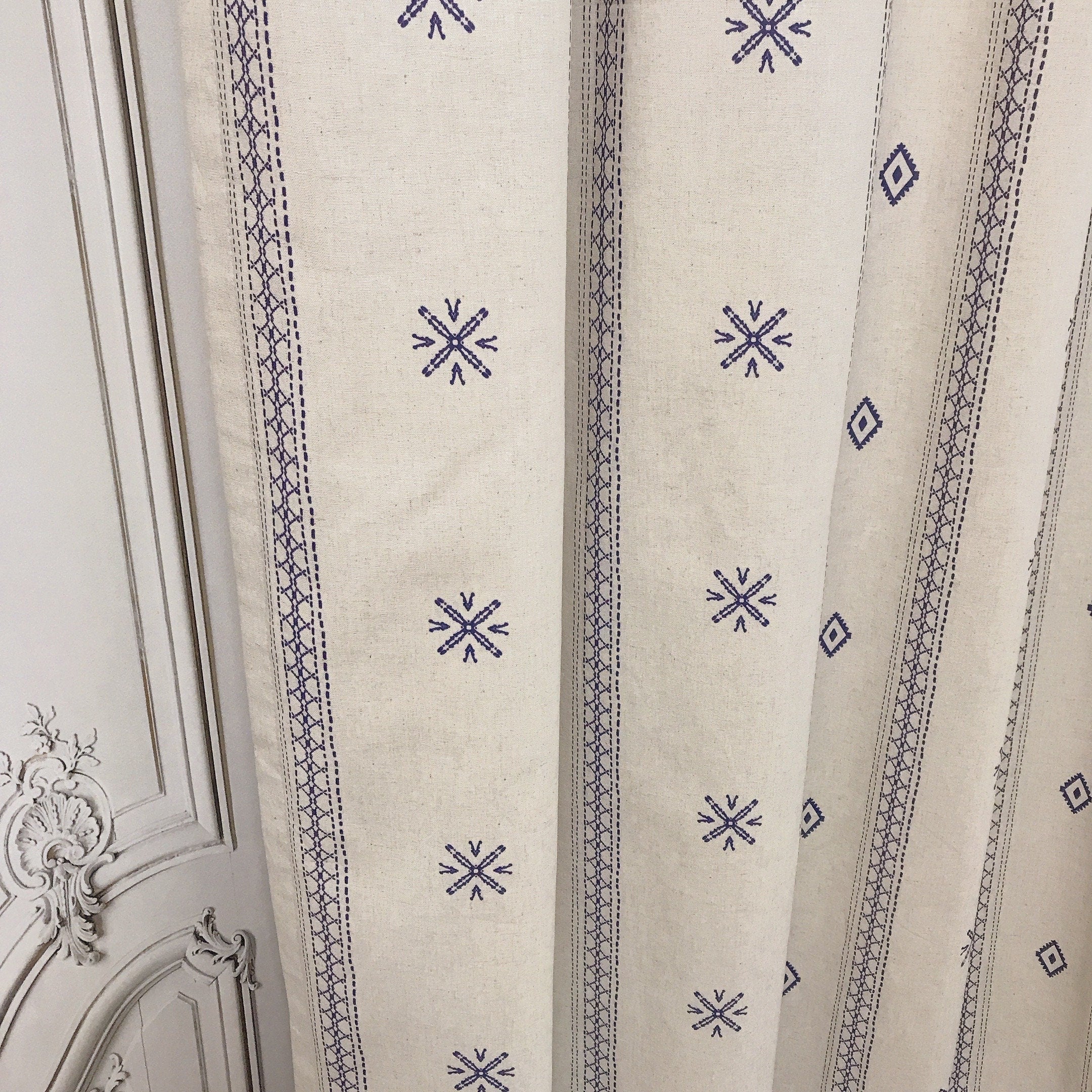 Indigo Blue Shapes Curtain on Natural Beige