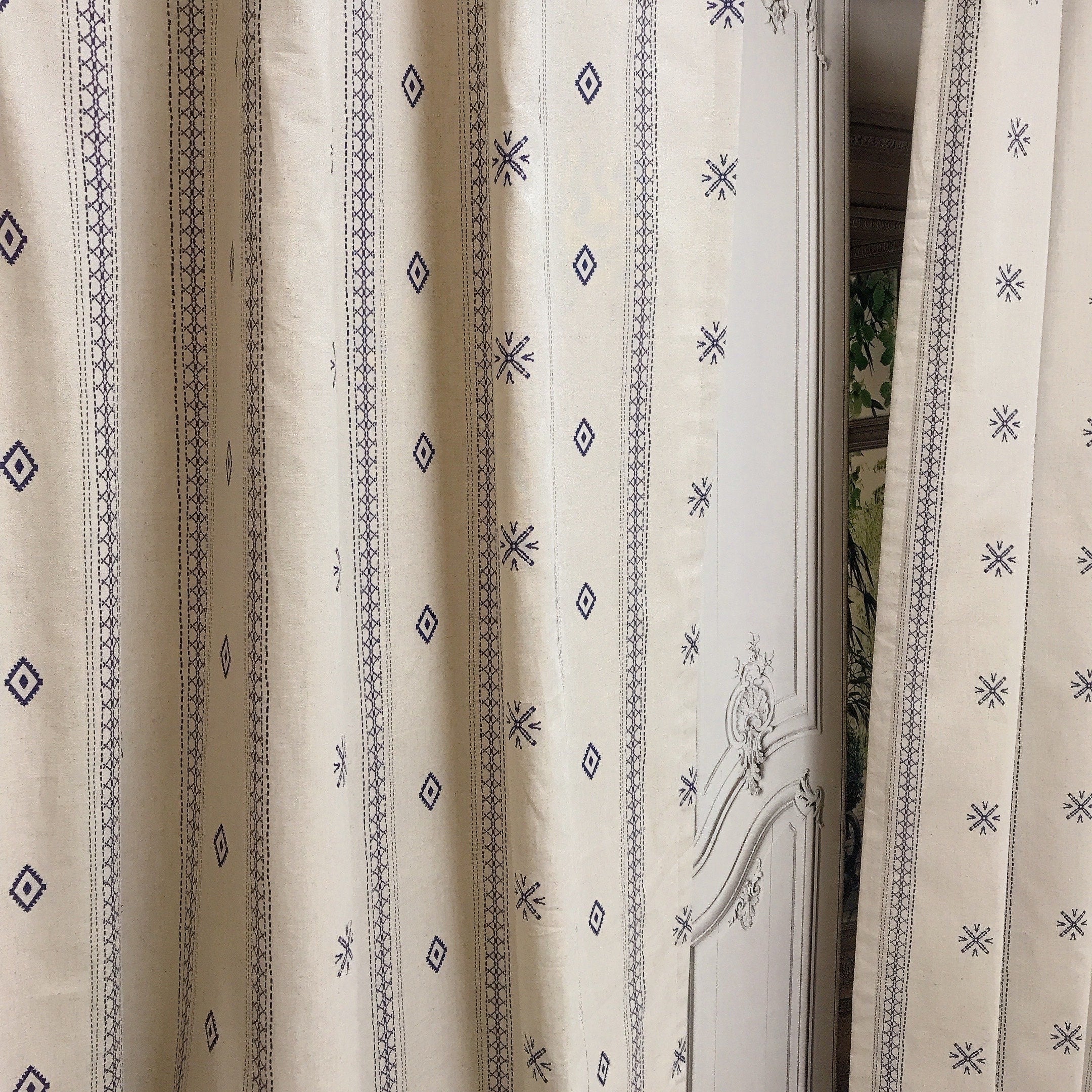 Indigo Blue Shapes Curtain on Natural Beige