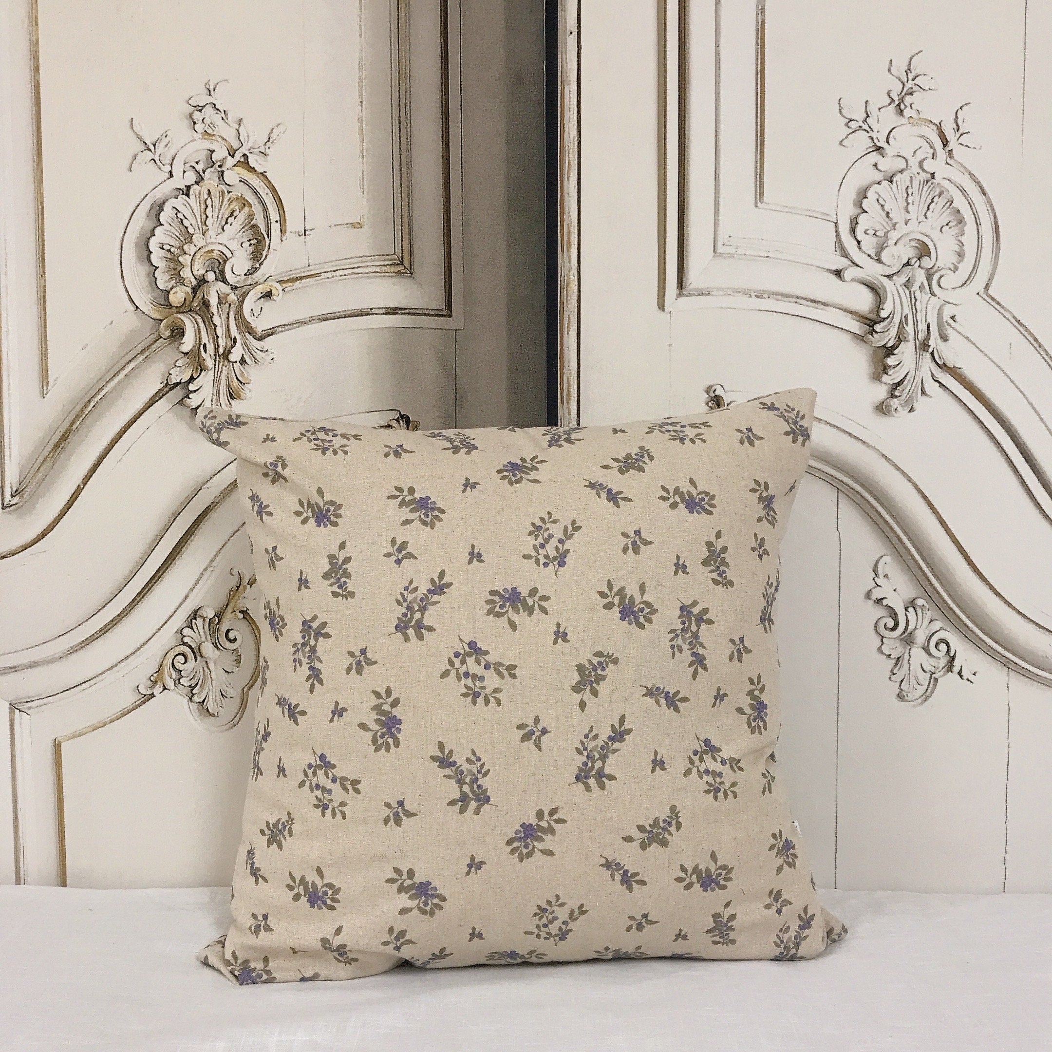 Blue Berry Print Cushion Cover on Natural Beige