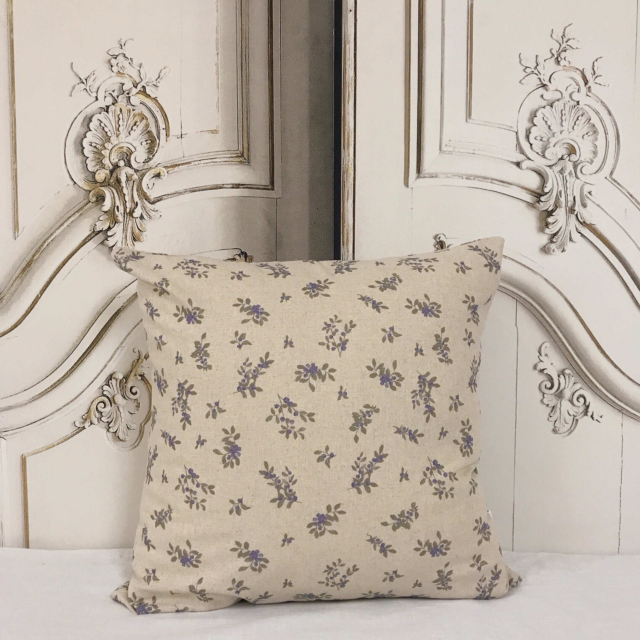 Blue Berry Print Cushion Cover on Natural Beige