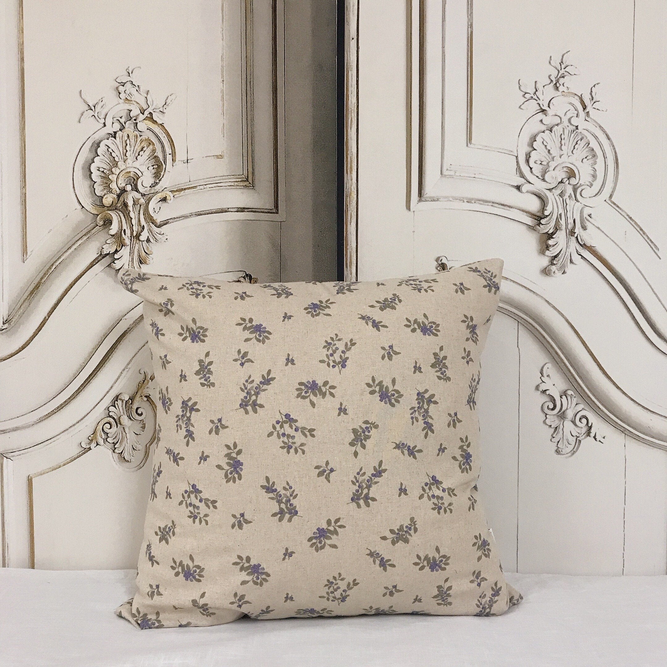Blue Berry Print Cushion Cover on Natural Beige