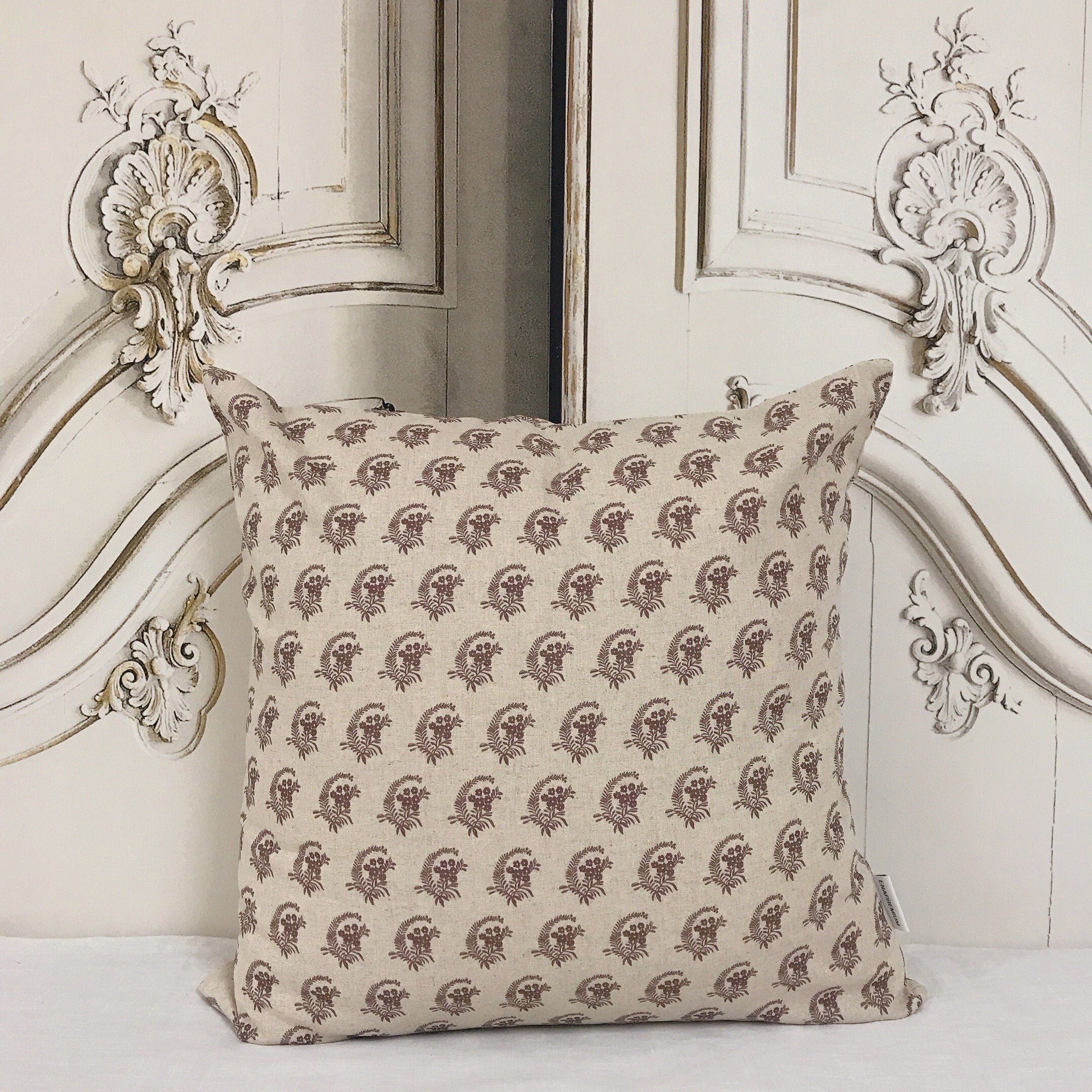 Brown Floral Leaves Cushion Cover on Natural Beige