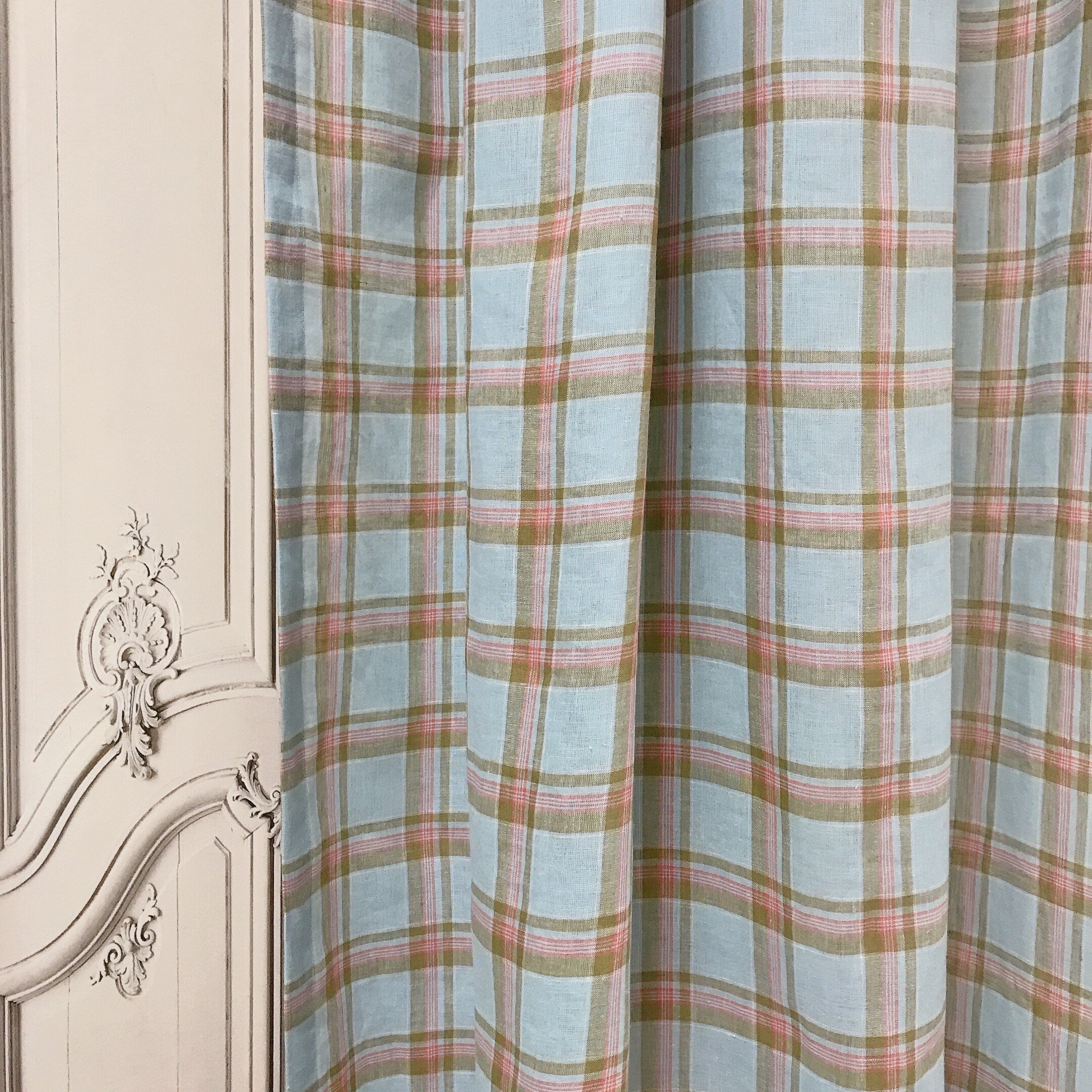 Khaki and Light Blue Linen Curtain